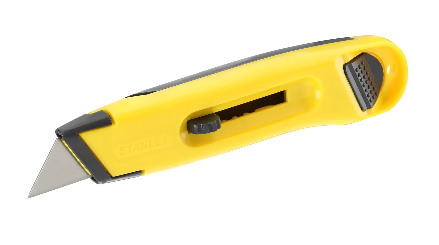 STANLEY 0-10-088 utility knife with retractable blade, yellow and black, side view on white background.