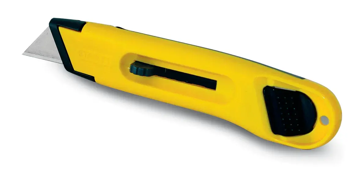 STANLEY 0-10-088 utility knife with yellow and black handle, side view, retractable blade, on white background.
