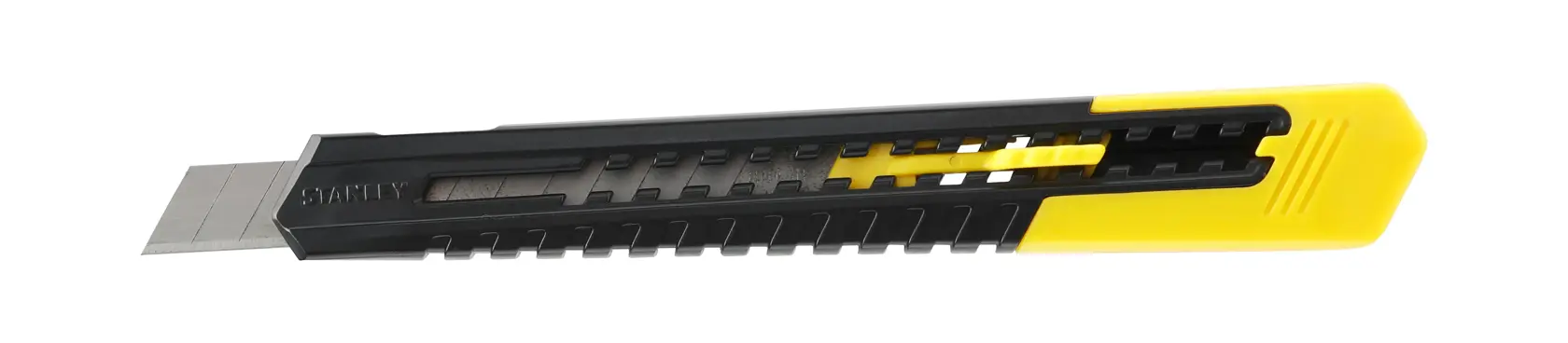 STANLEY 0-10-150 black and yellow snap-off utility knife, side angle, on white background.