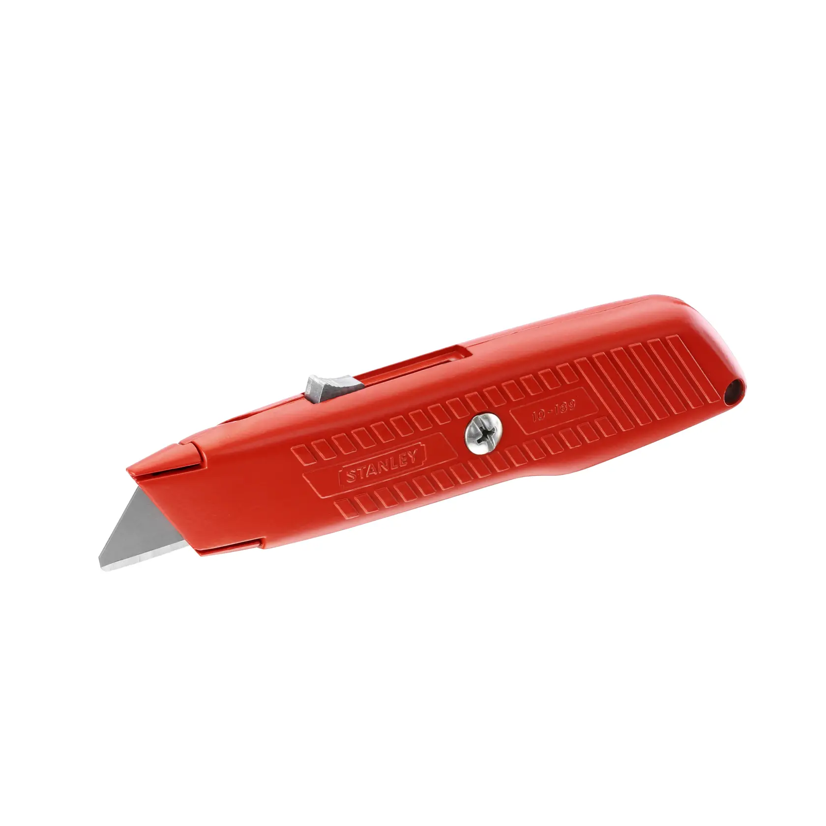 STANLEY 0-10-189 red utility knife, side view, with retractable blade and textured handle.