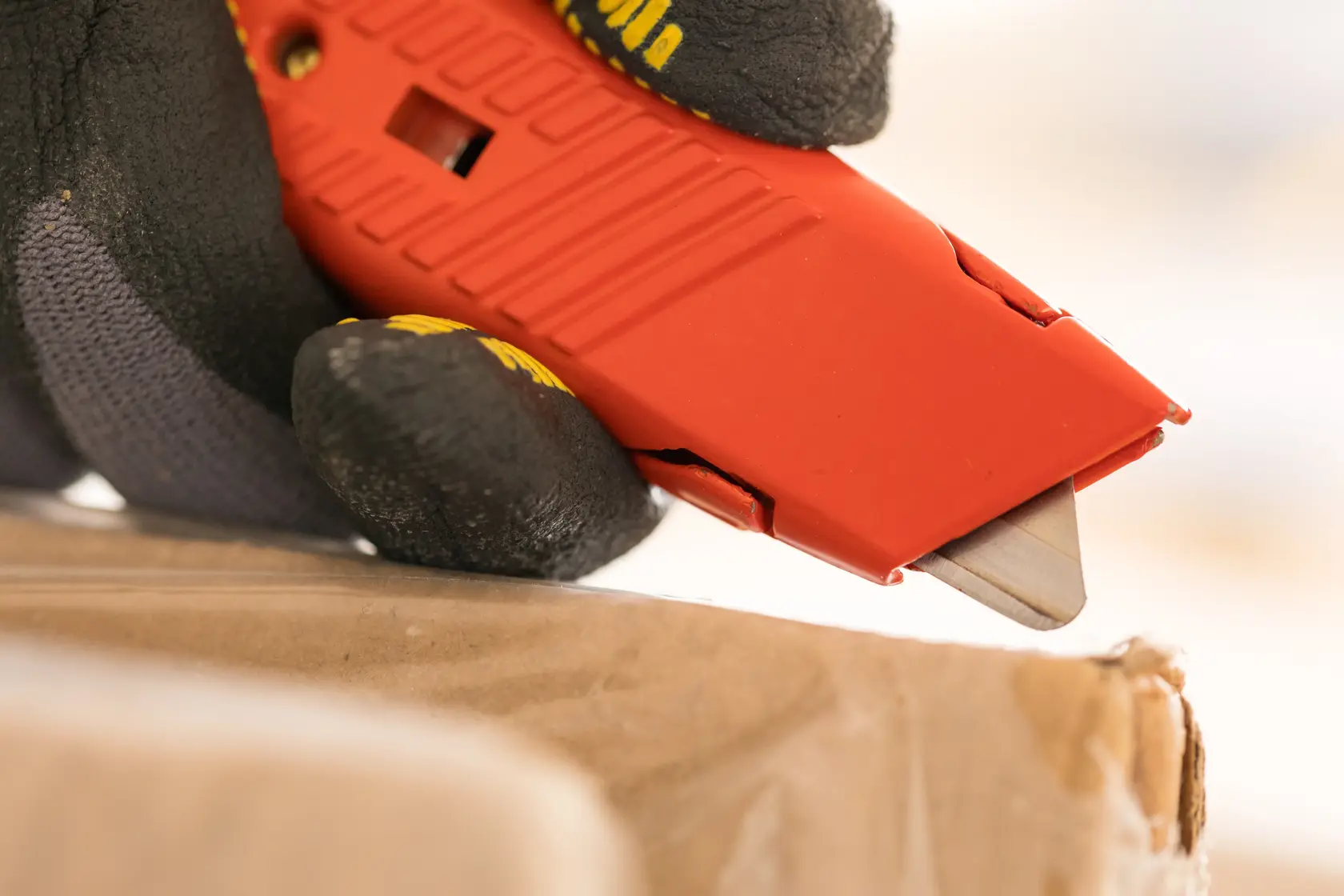STANLEY 0-10-189 utility knife with red handle cutting cardboard, close-up photography.