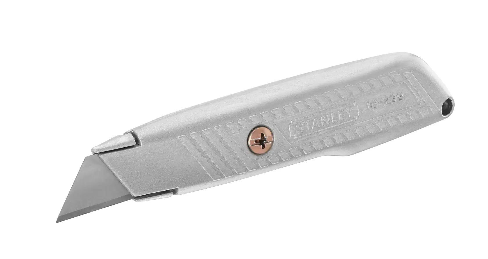 Photo of STANLEY 0-10-299 utility knife with metal body, exposed blade, and textured grip, side angle.