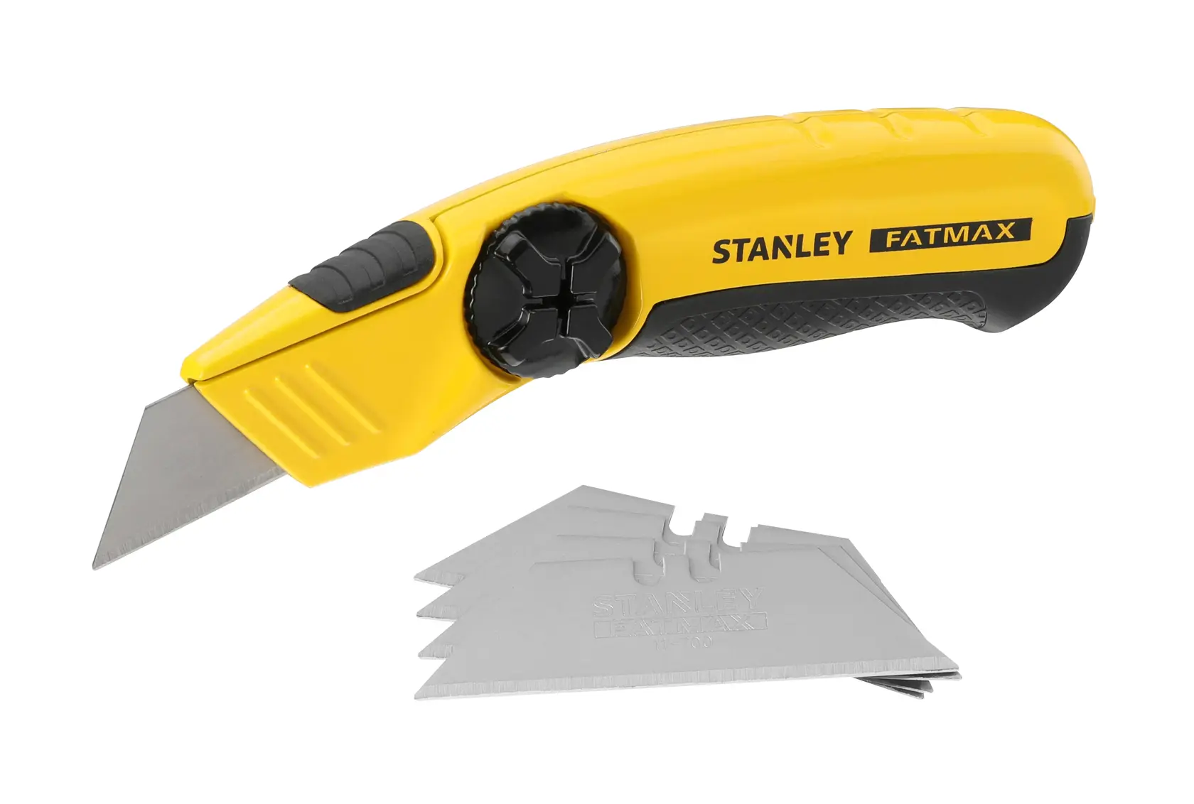 STANLEY 0-10-780 folding utility knife with yellow handle and spare blades, product photography, angled view.