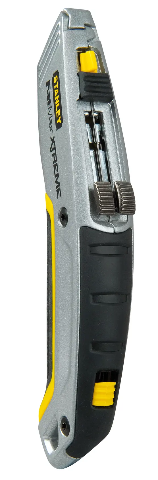 STANLEY 0-10-789 utility knife, silver and black, side angle, ergonomic grip and blade storage.