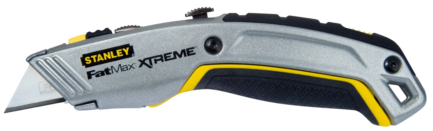 STANLEY 0-10-789 utility knife, FatMax Xtreme model, silver and black handle, left side product angle.
