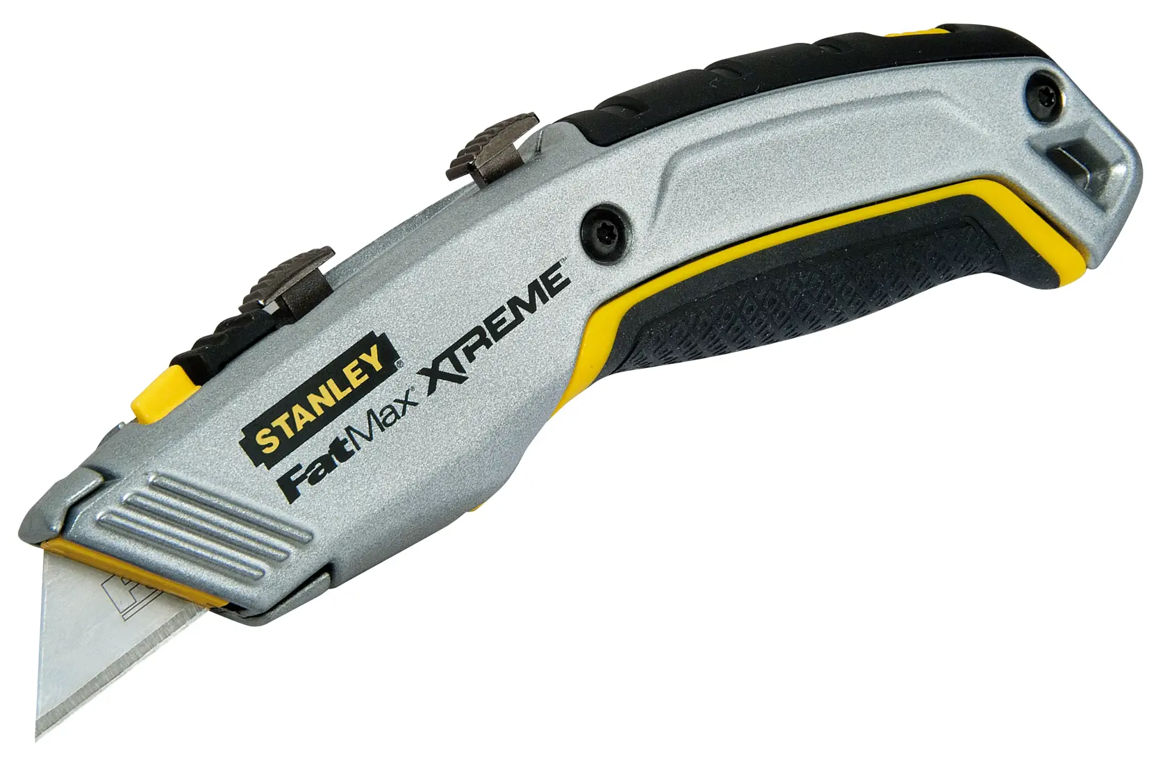 STANLEY 0-10-789 utility knife photography, silver and black handle, angled left on white background.