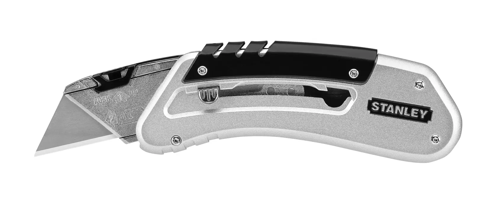 STANLEY 0-10-810 folding utility knife, silver and black handle, side view on white background.