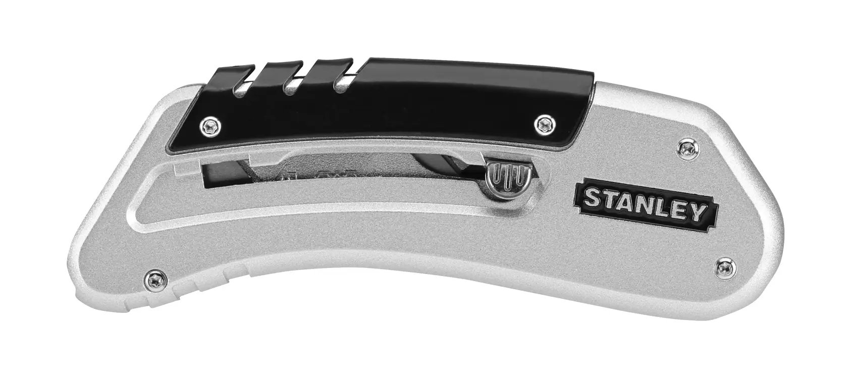 STANLEY 0-10-810 utility knife, silver and black, side angle, with visible blade and screw details.
