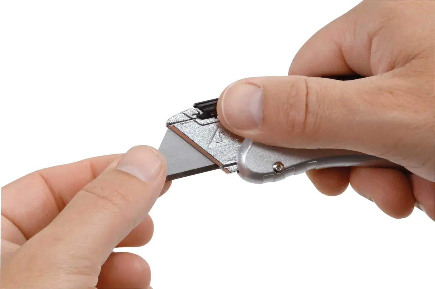 Photo of STANLEY 0-10-810 folding utility knife being used, close-up of hands holding and cutting.