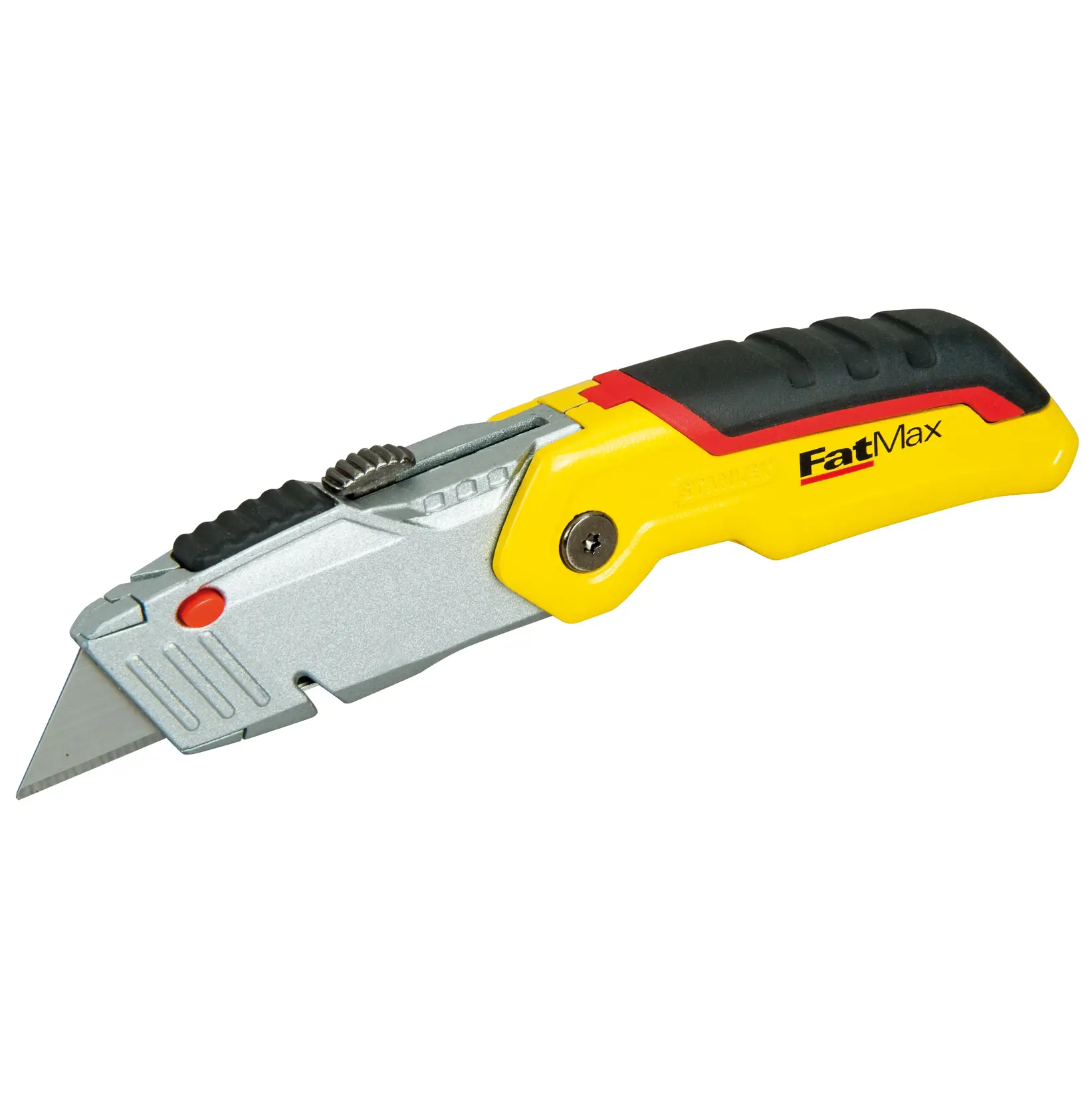 Photo of STANLEY 0-10-825 utility knife with yellow and black handle, angled left on white background.