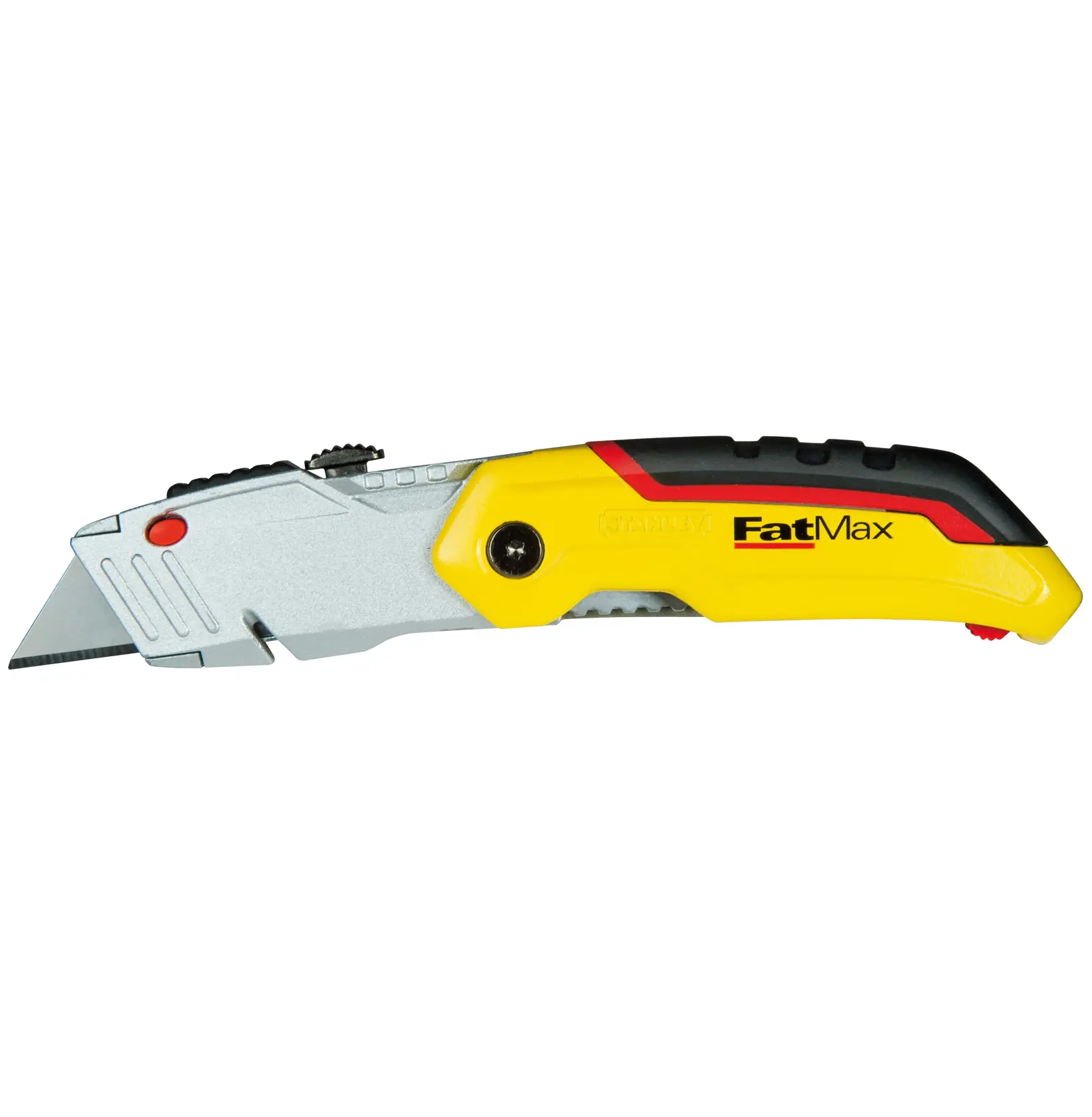 STANLEY 0-10-825 utility knife, yellow and black with silver blade, side view, FatMax logo on handle.