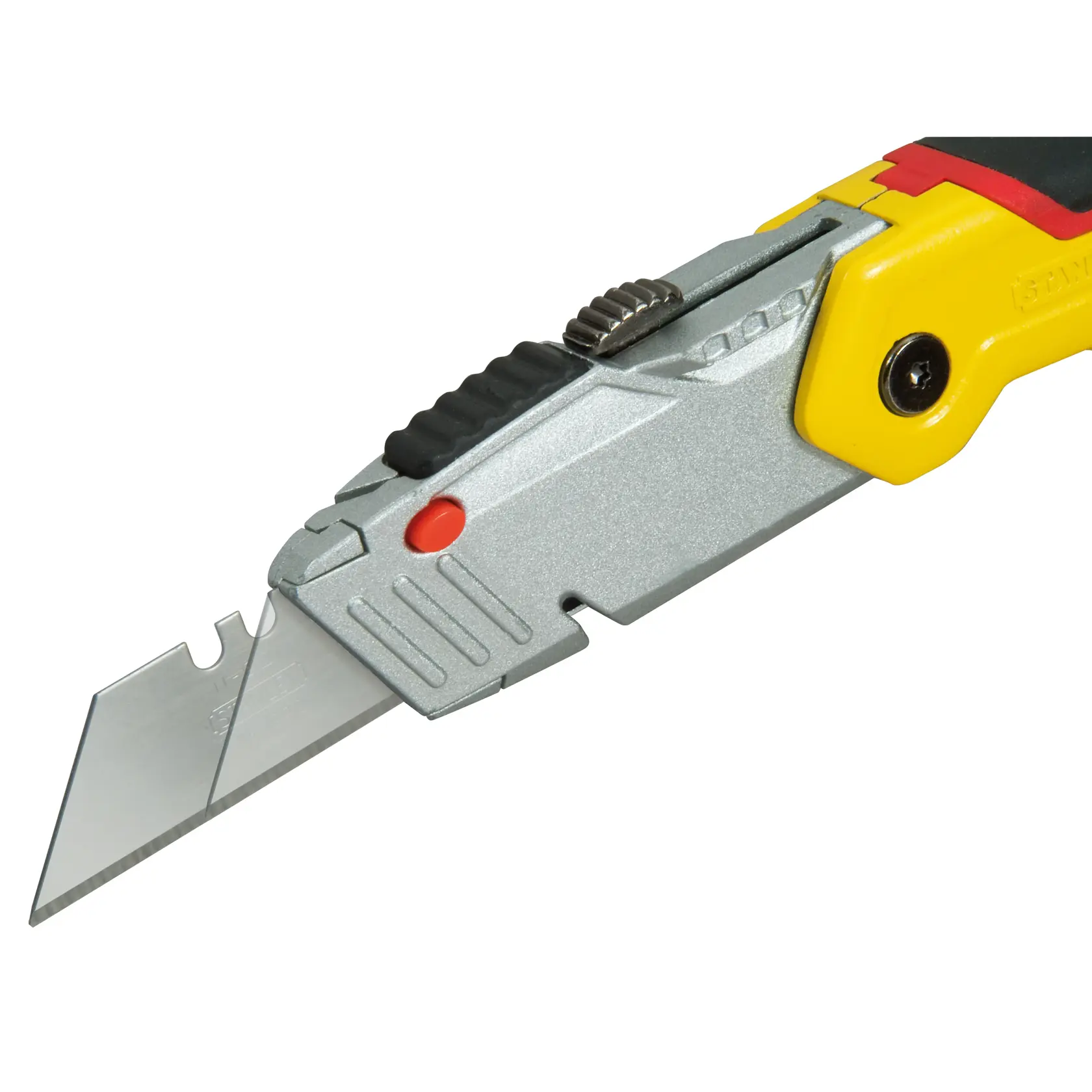 STANLEY 0-10-825 utility knife with metal body, retractable blade, and yellow accents, side angle.