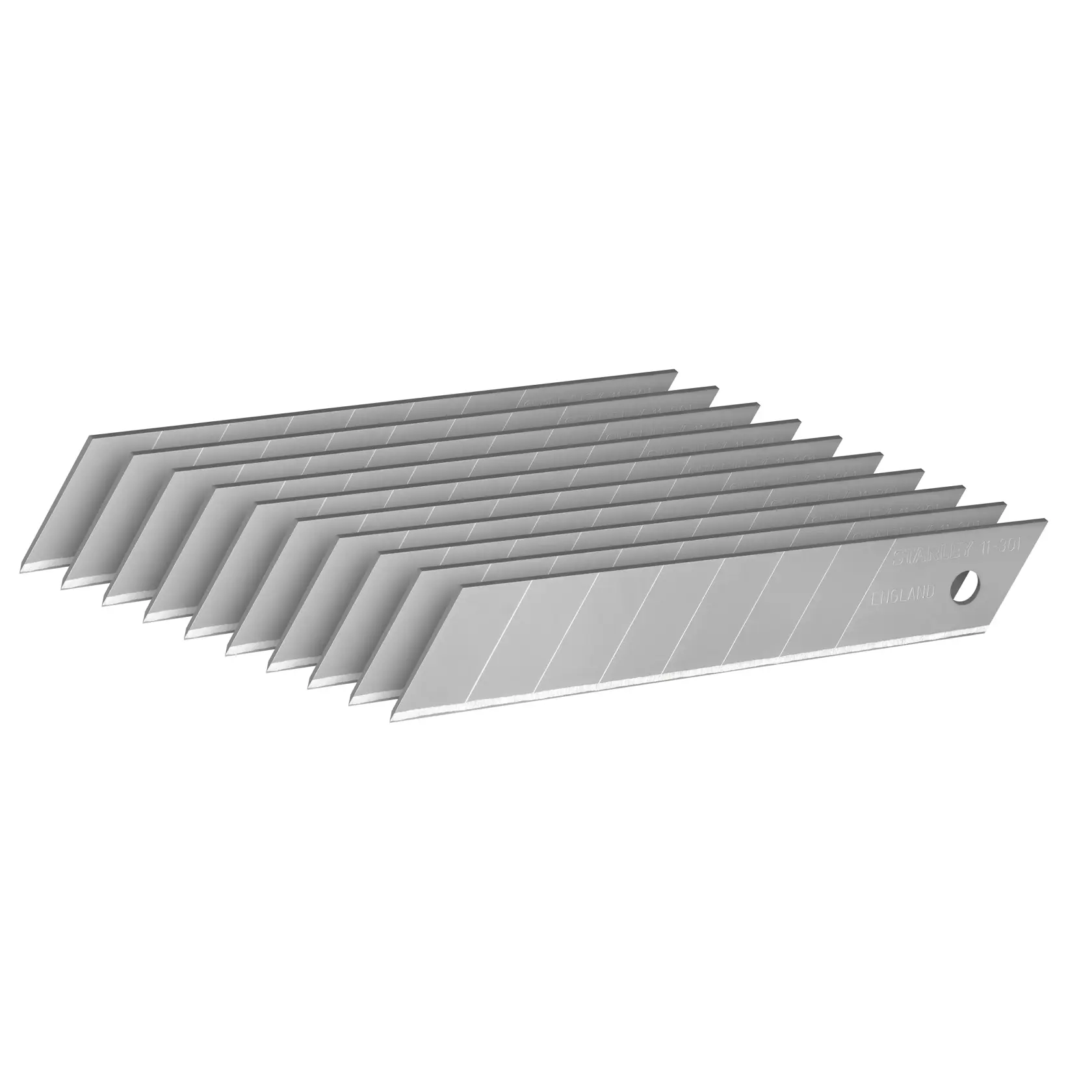 STANLEY 0-11-301 snap-off utility blades, silver color, set of ten, angled view on white background.