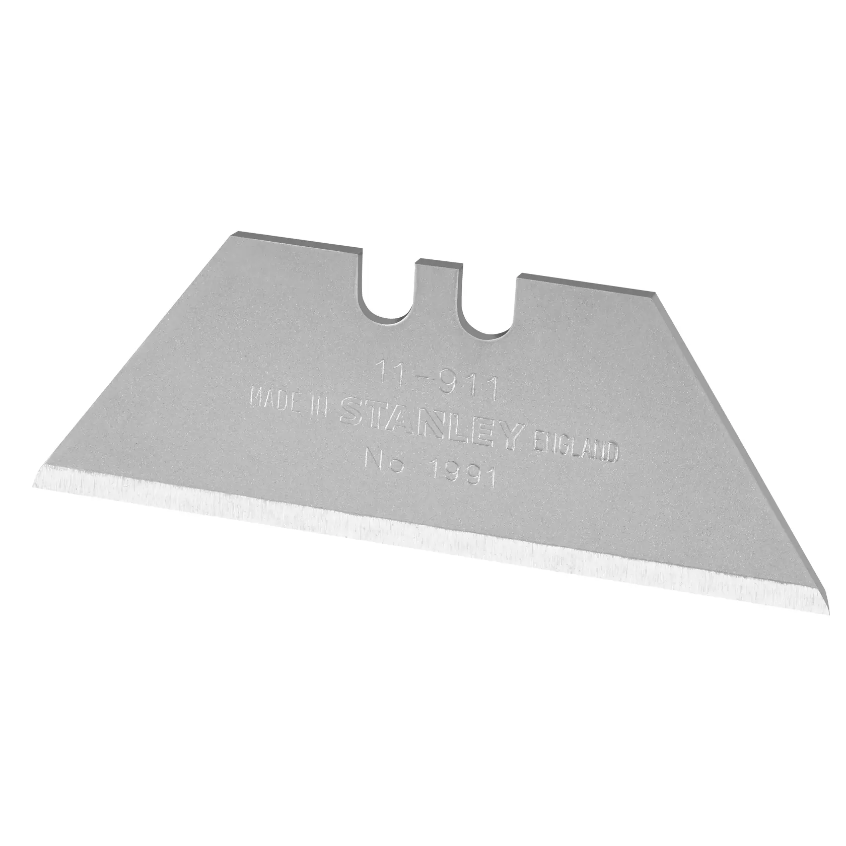 Photo of STANLEY 0-11-911 utility knife blade, silver color, single blade on white background.