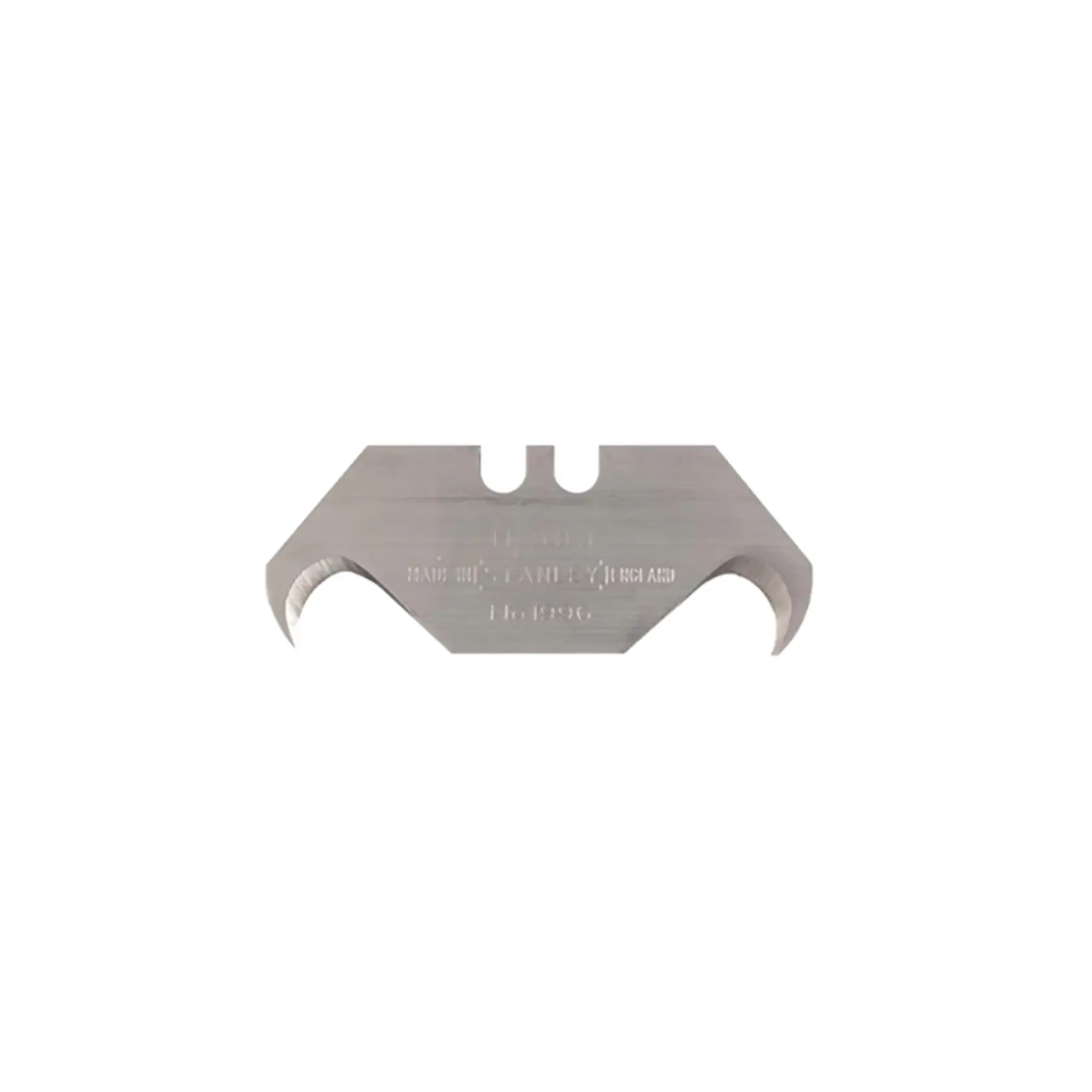 STANLEY 0-11-983 hooked trapezoid utility blade, silver, front angle, on white background.