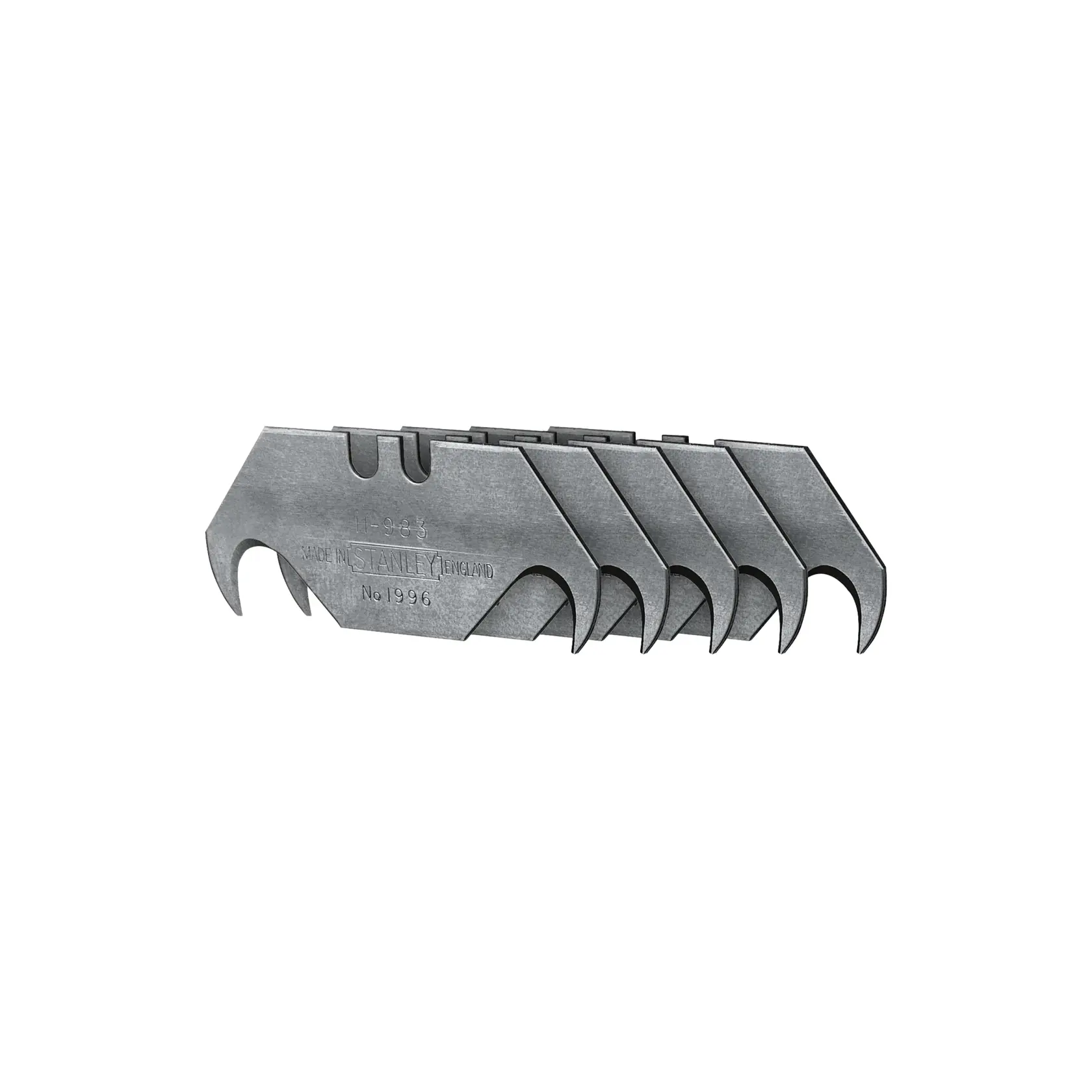 STANLEY 0-11-983 hook utility blades, set of five, silver steel, front angle on white background.