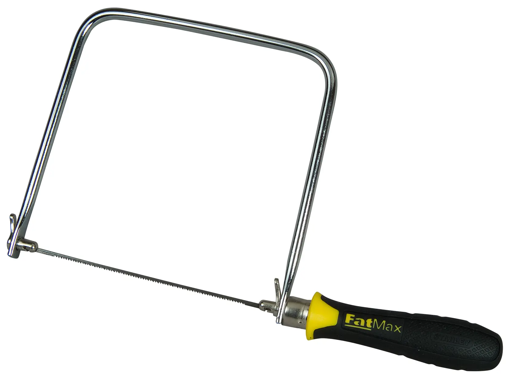STANLEY 0-15-106 coping saw with black and yellow FatMax handle, side angle on white background.