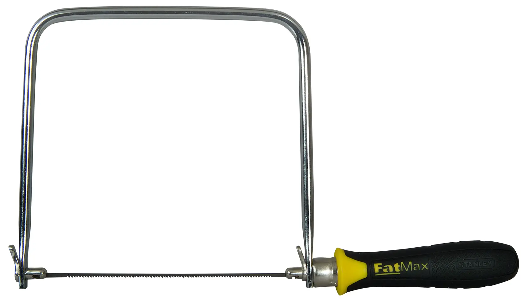 Stanley FatMax coping saw with a thin blade and ergonomic black and yellow handle.