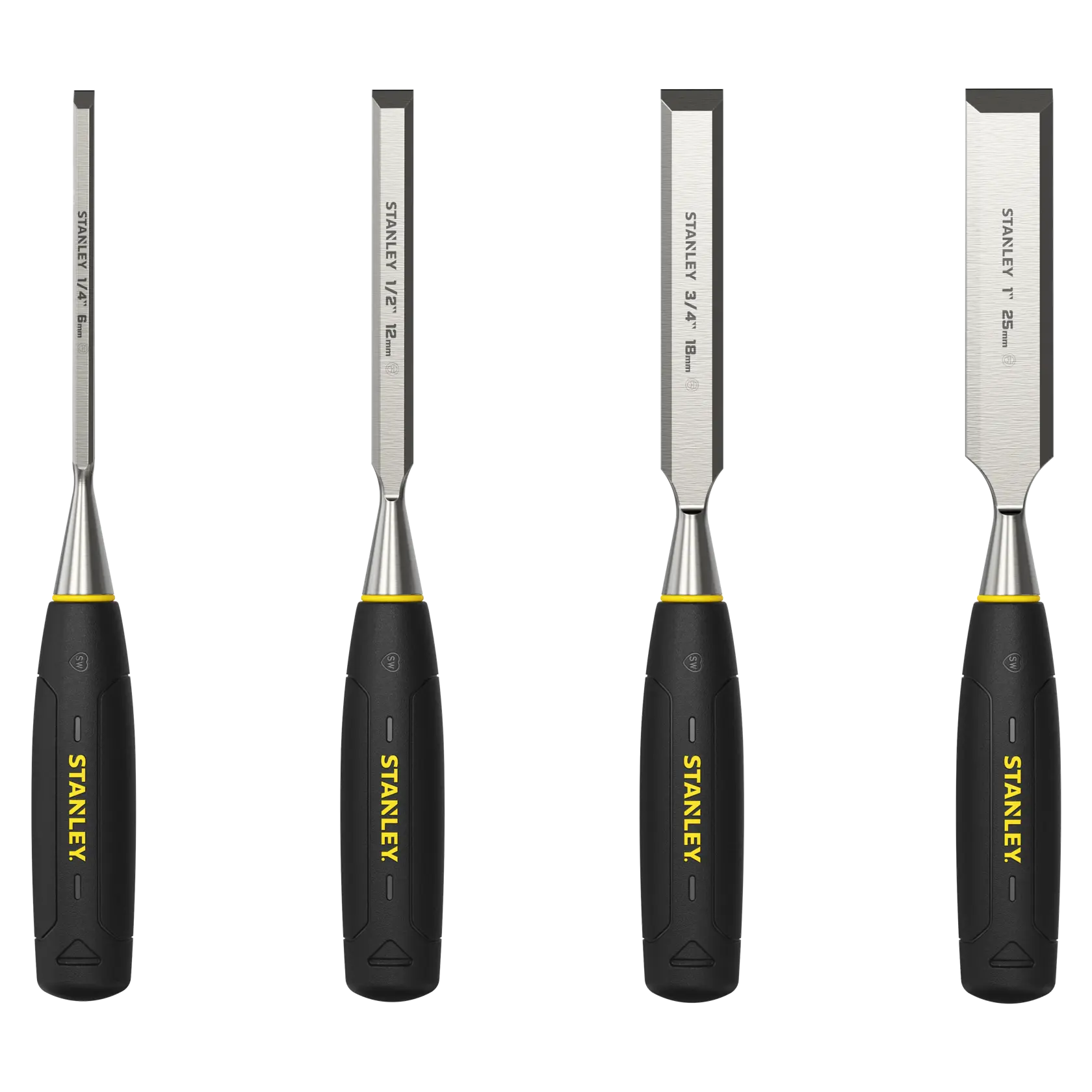 STANLEY 0-16-130 chisel set with blue handles, sharpening stone, and honing guide in white plastic case, angled view.