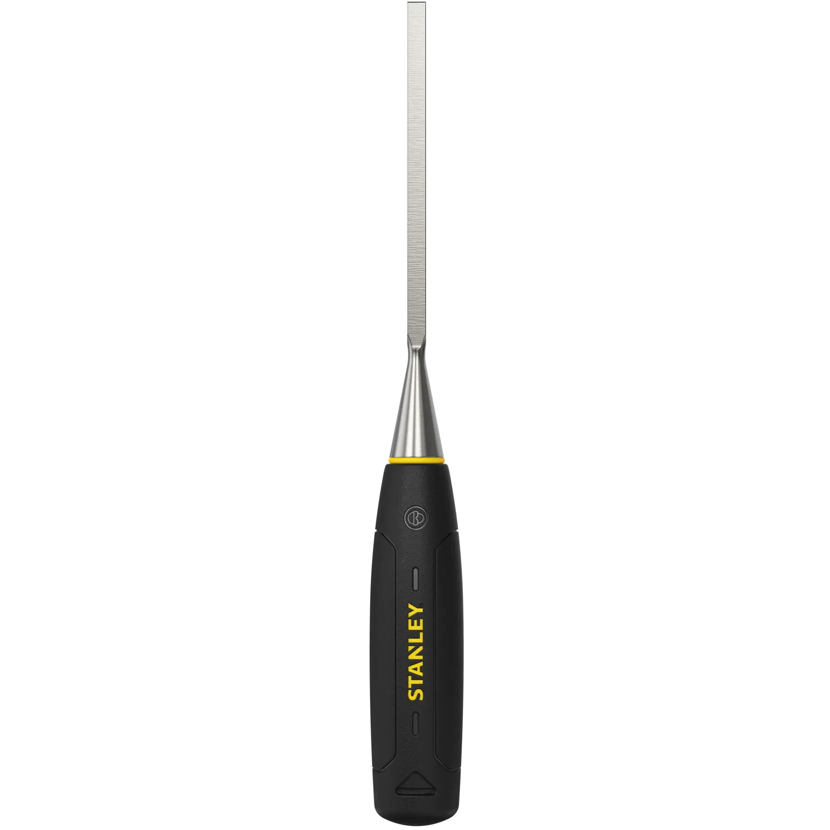 Stanley wood chisel with black and yellow handle, straight blade shown upright against white background.