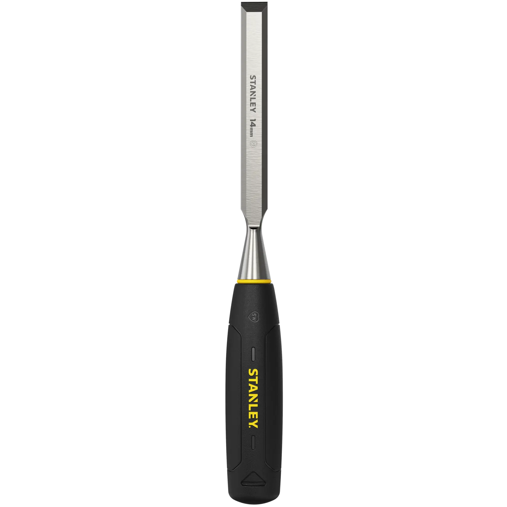 STANLEY 0-16-542 woodworking chisel with blue handle, angled side view on white background.