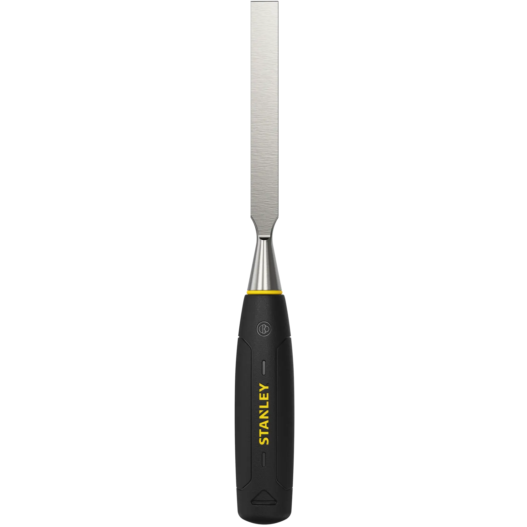 STANLEY 0-16-542 wood chisel with black and yellow handle, front angle on white background.