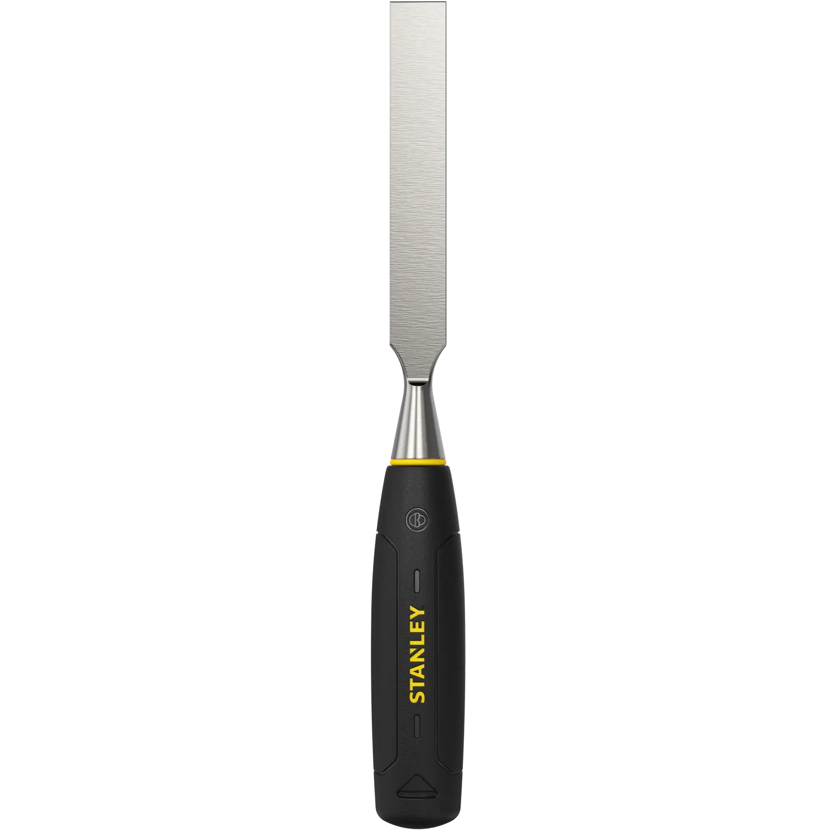 STANLEY 0-16-545 chisel with black and yellow handle, front angle on white background.