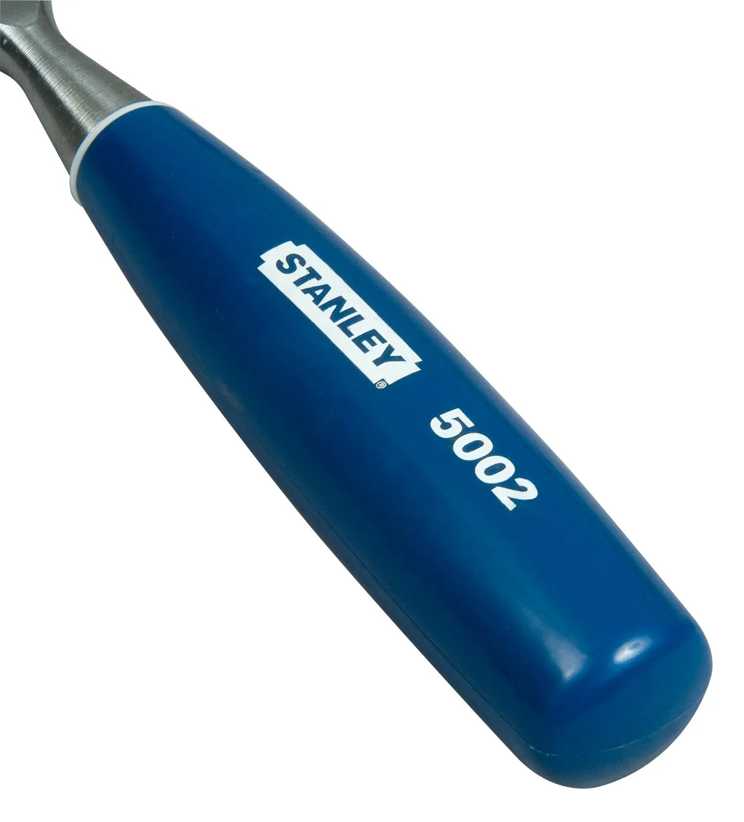 Close-up of a blue Stanley 5002 tool handle with logo and model number printed in white.
