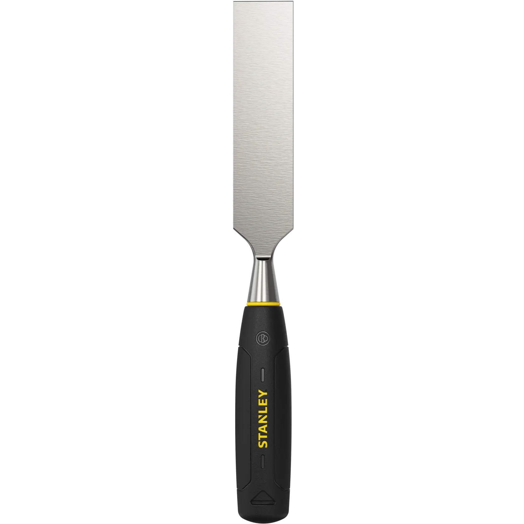 STANLEY 0-16-554 wood chisel with black and yellow handle, front angle, photography on white background.