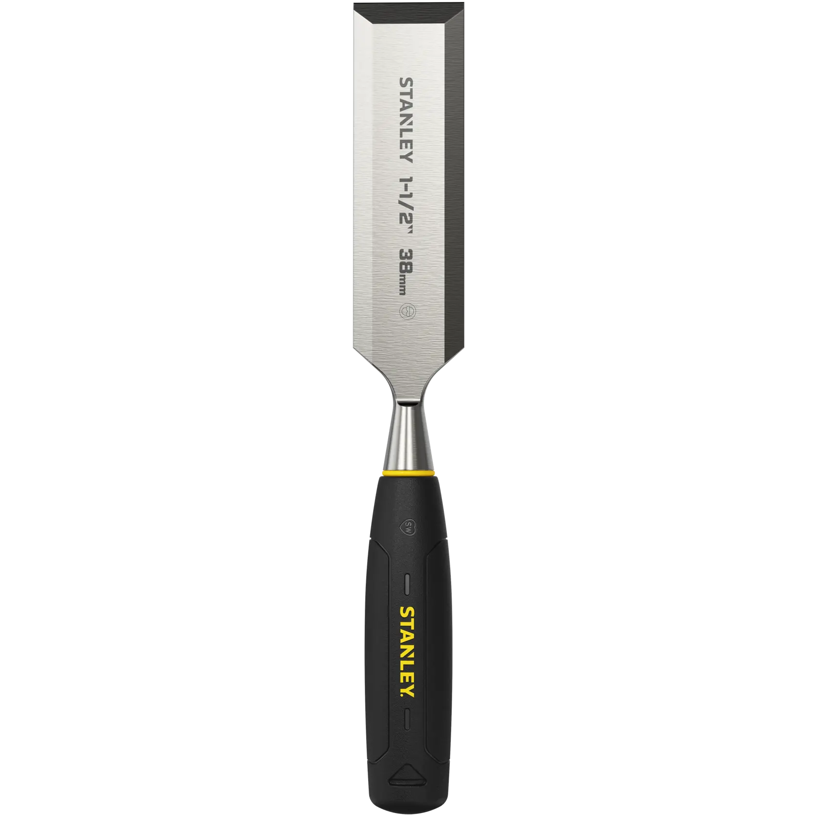 Photo of STANLEY 0-16-558 wood chisel with blue handle, angled view on white background.