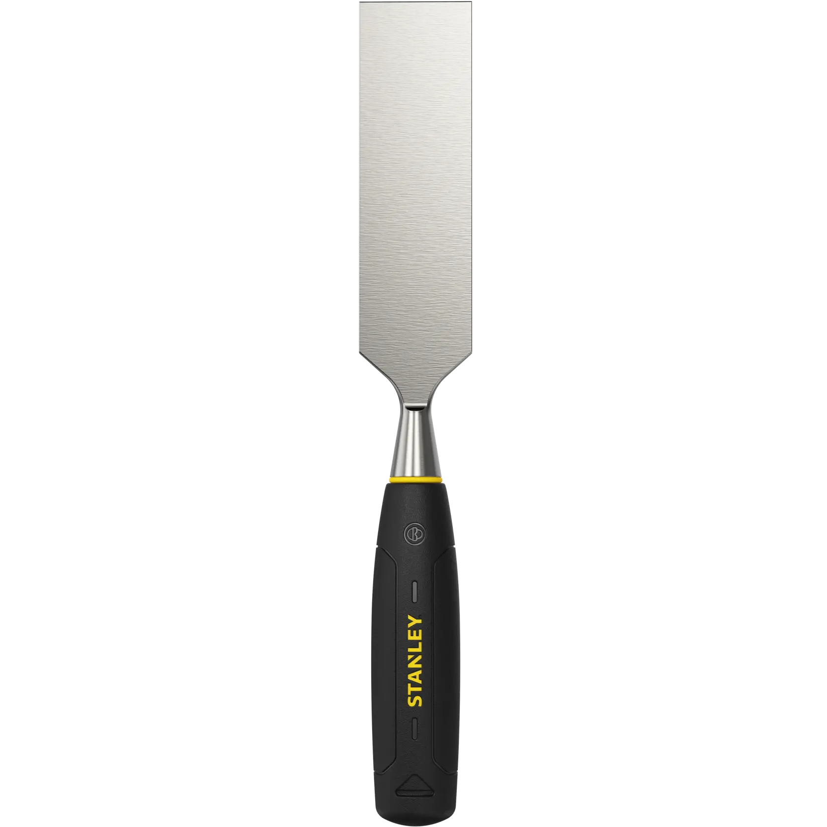 STANLEY 0-16-558 woodworking chisel front view with black and yellow handle and steel blade.