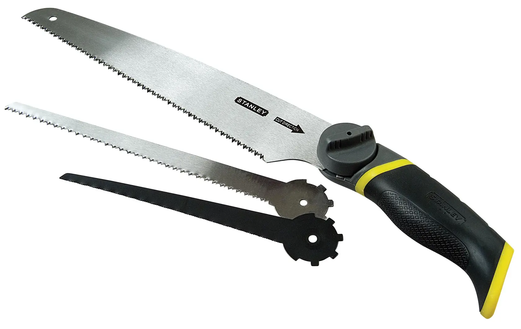 STANLEY 0-20-092 hand saw with black and yellow ergonomic handle and two interchangeable blades, product side view.