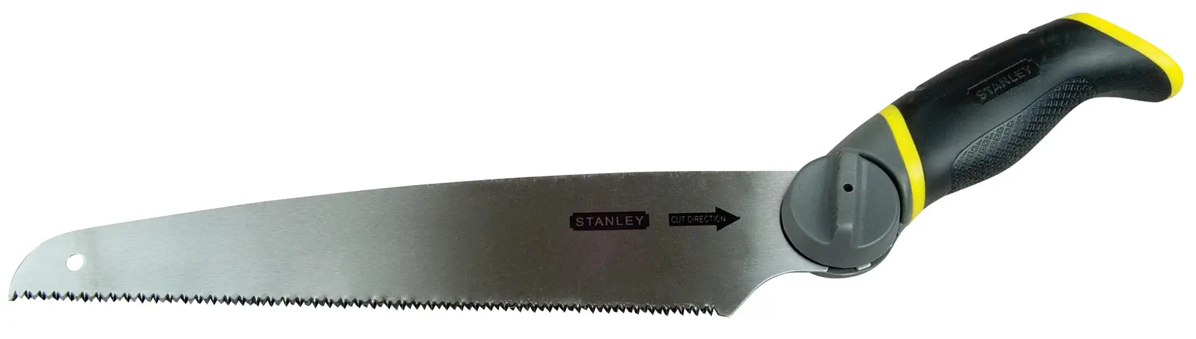 STANLEY 0-20-092 hand saw with black and yellow ergonomic handle, side view on white background.