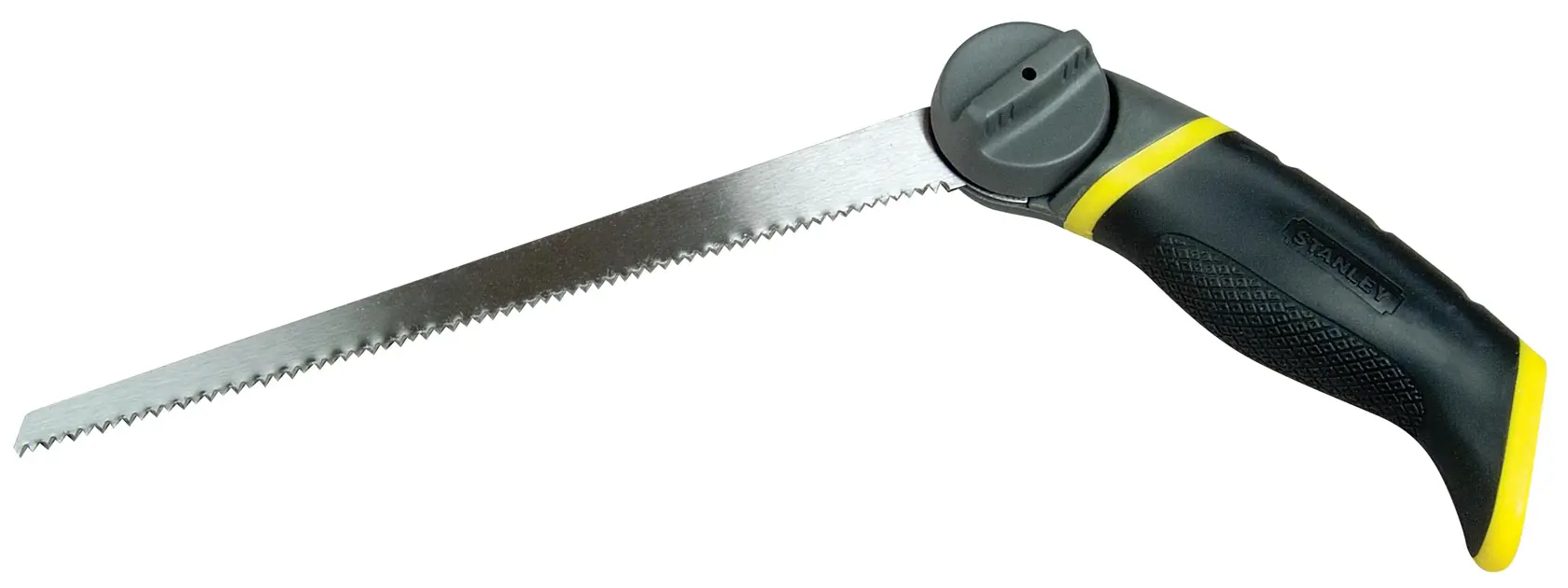 STANLEY 0-20-092 folding drywall saw with black and yellow ergonomic handle, side angle, white background.