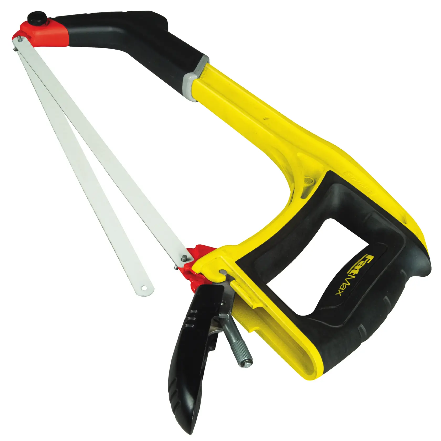 STANLEY 0-20-108 hand saw with yellow and black handle, front angle on white background.