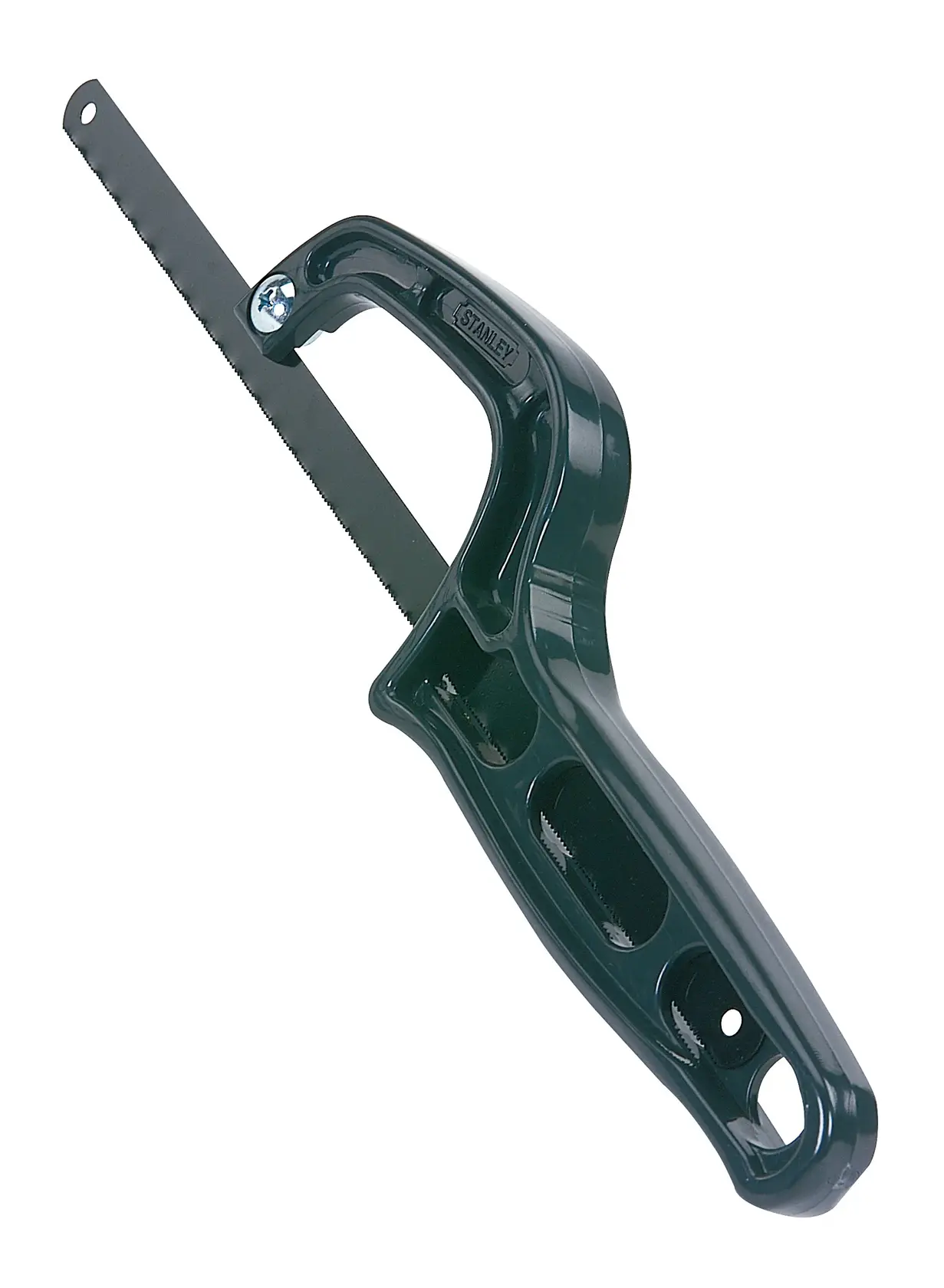 Photo of STANLEY 0-20-807 compact black keyhole saw with ergonomic plastic handle, angled on white background.