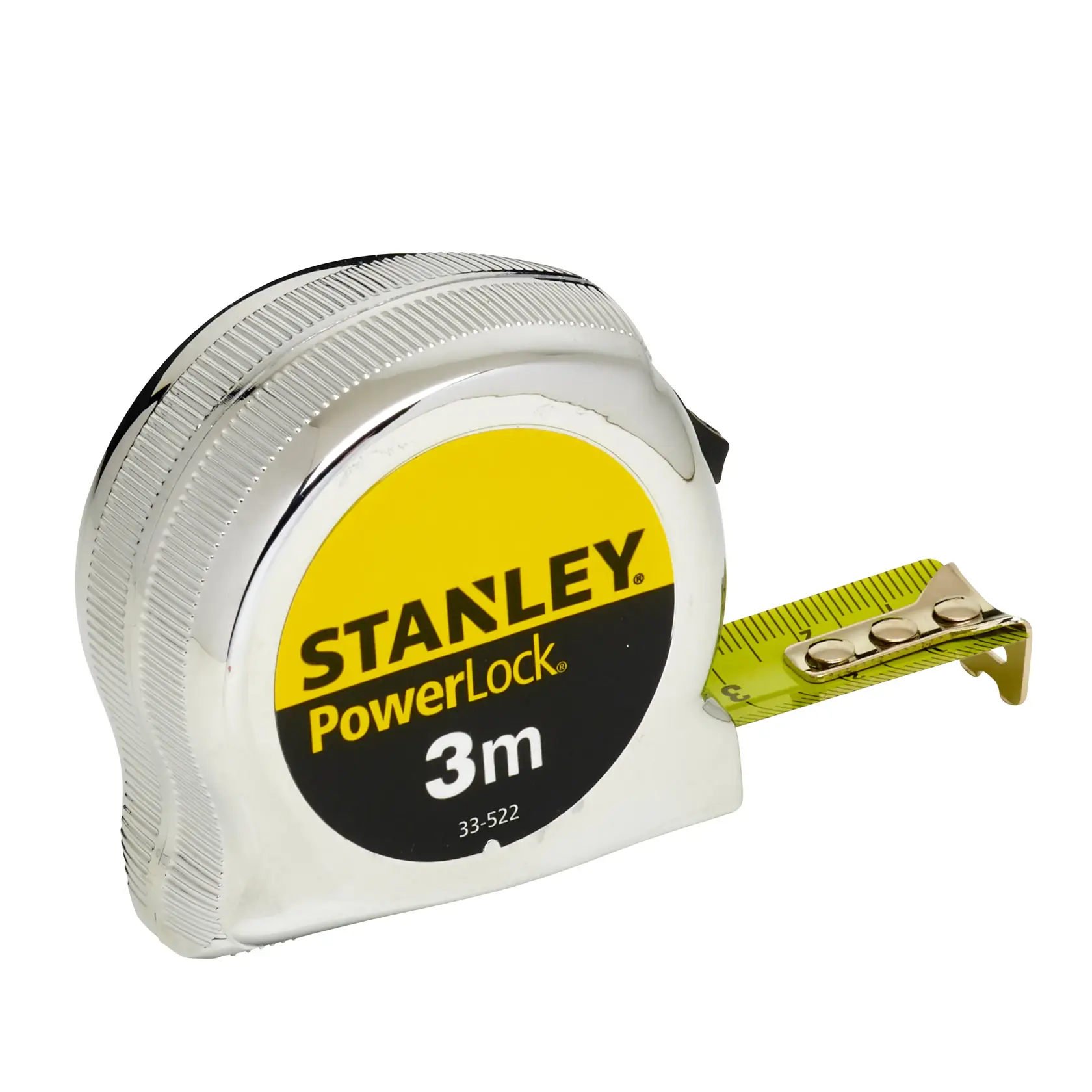 STANLEY 0-33-522 PowerLock tape measure, 3m, chrome and yellow, front angle, white background.
