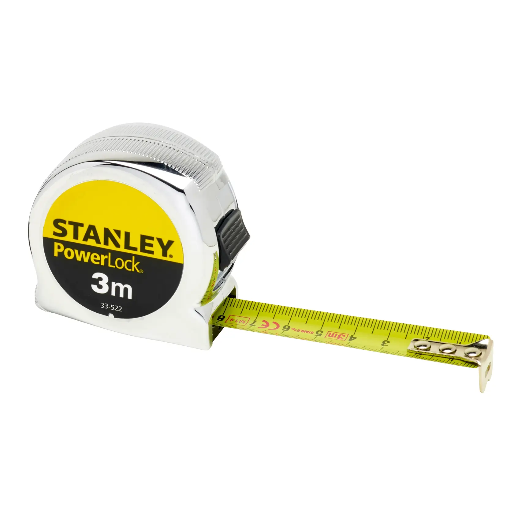 Stanley PowerLock tape measure, 3m length, yellow measuring blade extended from chrome body.