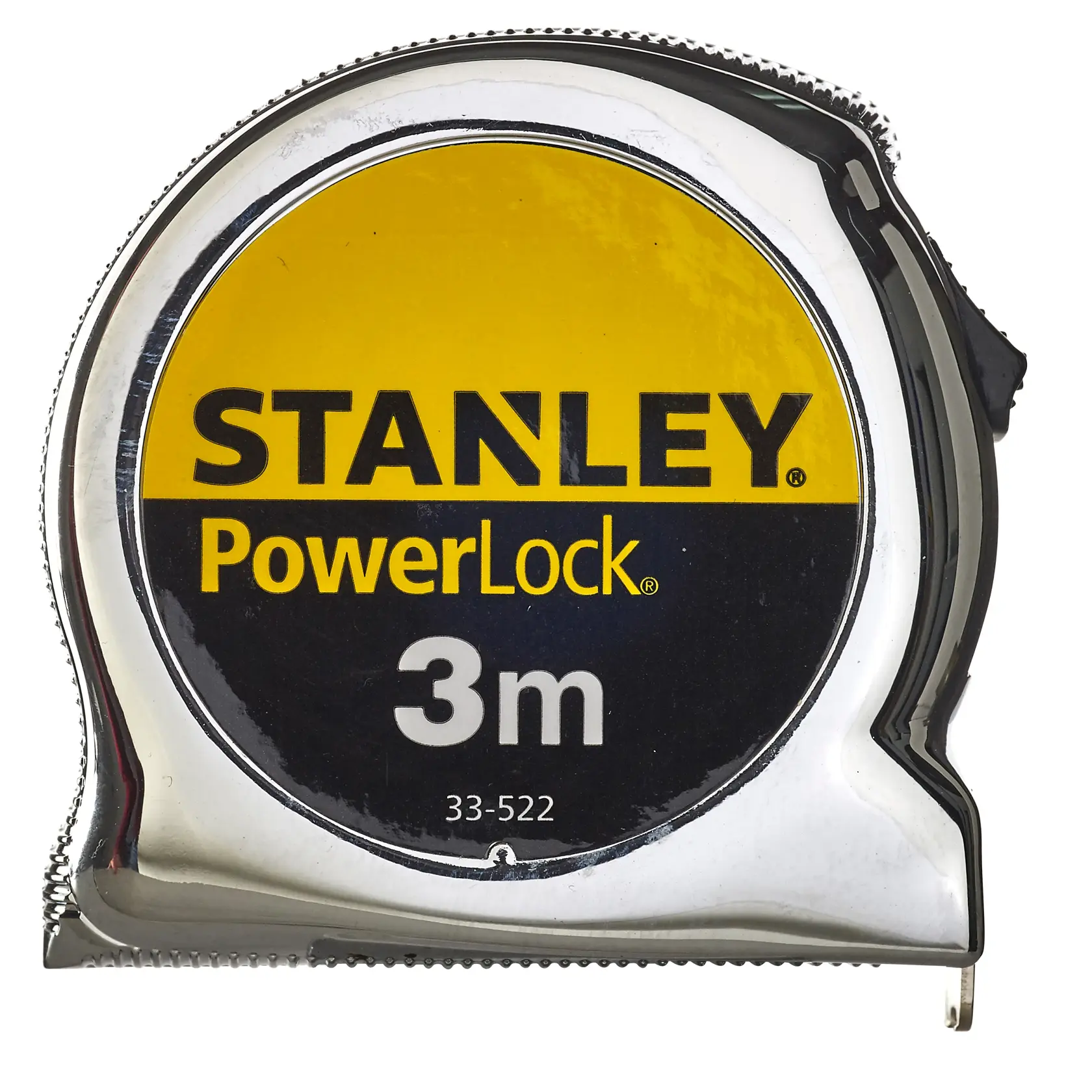 Stanley PowerLock 3m tape measure with chrome casing, product code 33-522.
