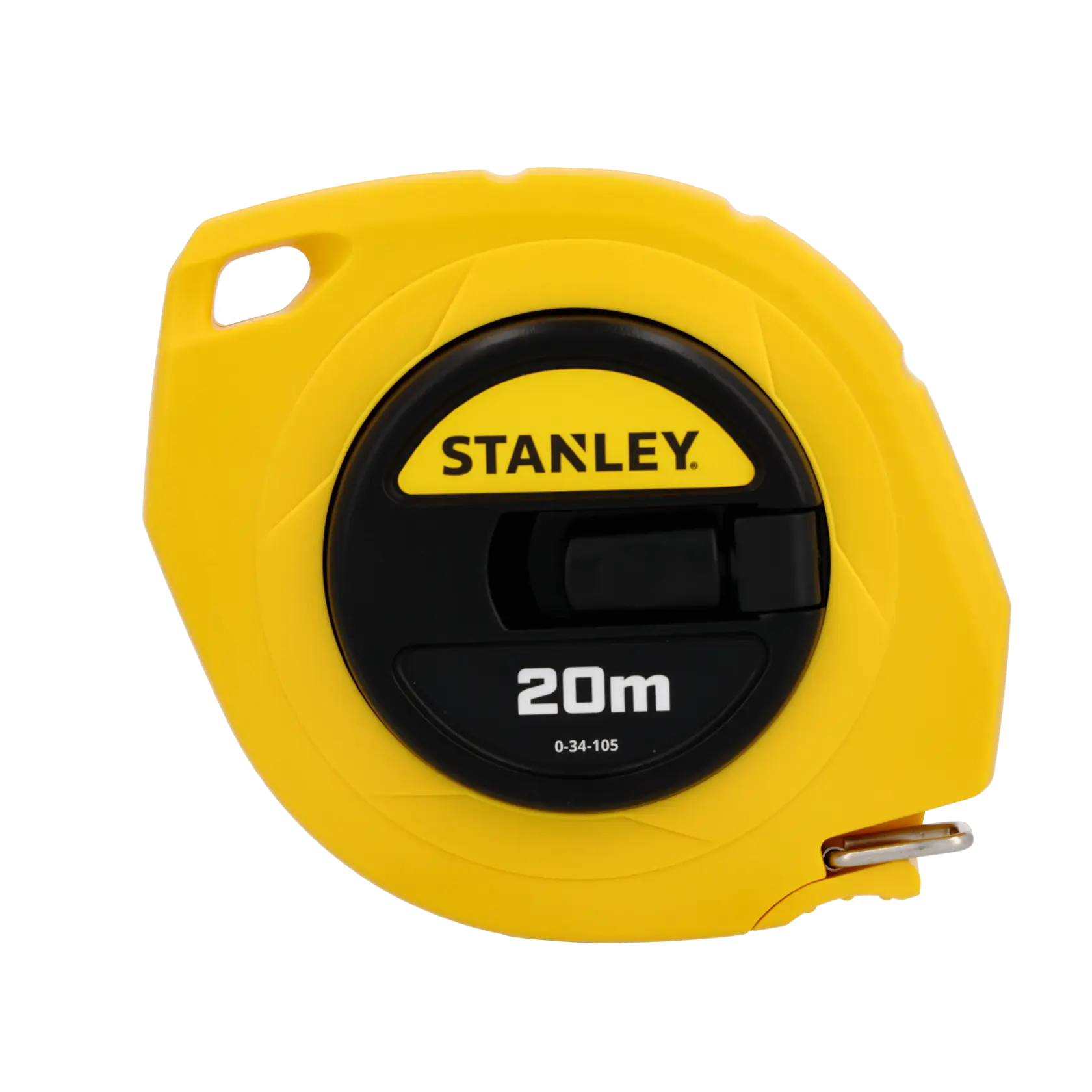 Stanley 0-34-105 yellow and black 20m tape measure, front angle on white background.