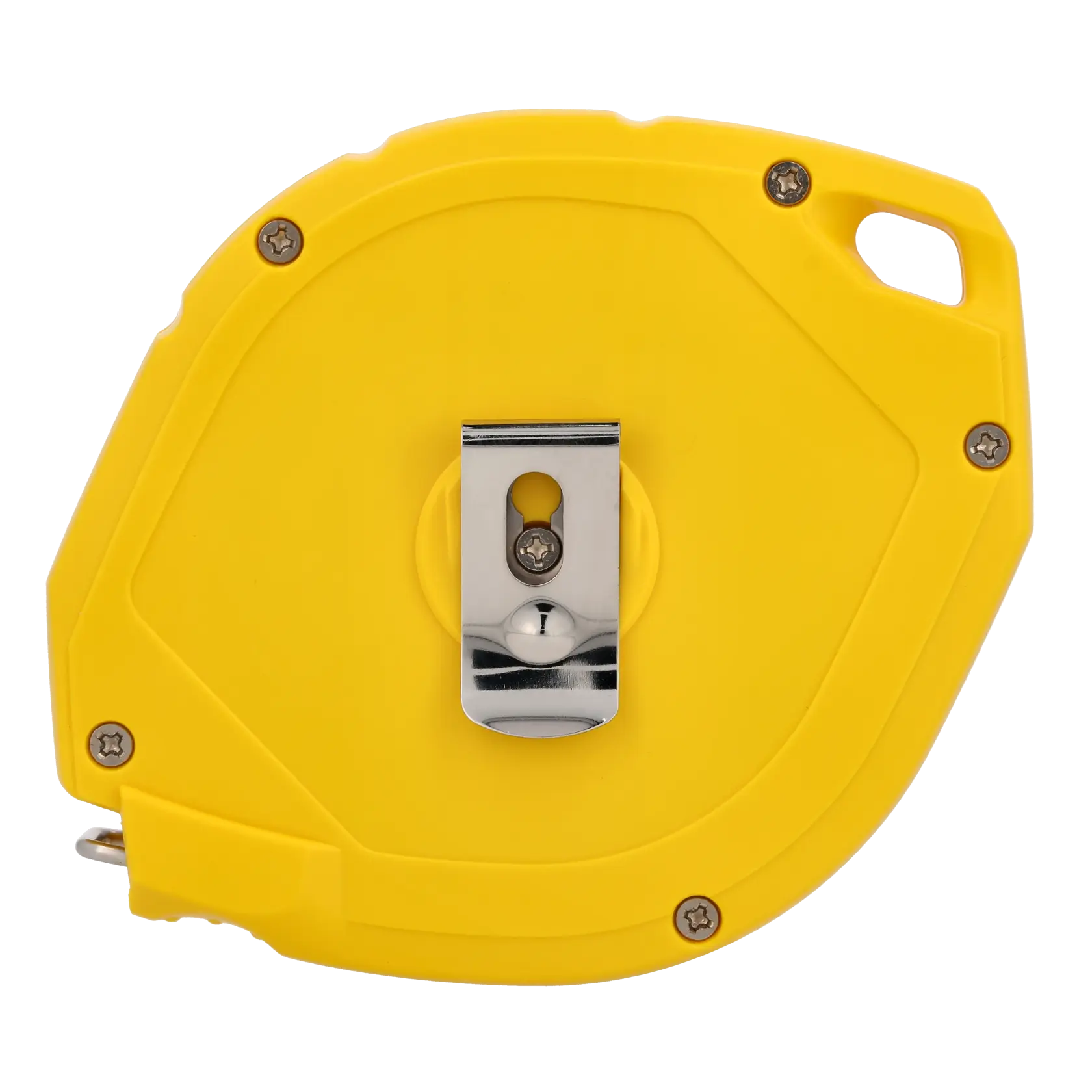 STANLEY 0-34-105 yellow tape measure with metal belt clip, rear view, on white background.