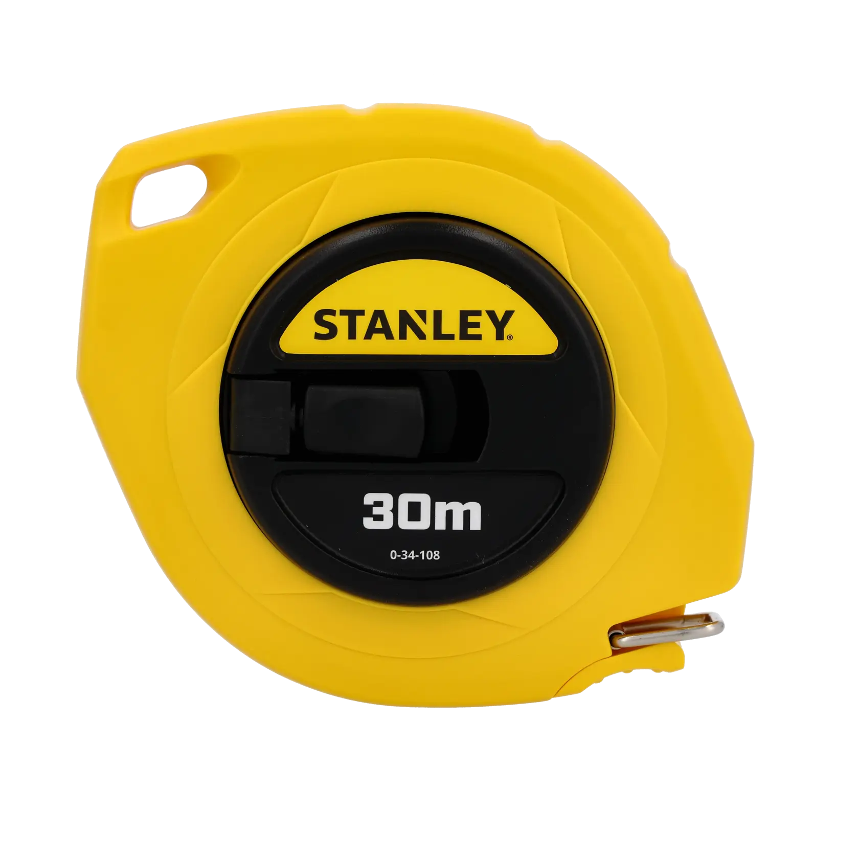 Photo of STANLEY 0-34-108 yellow 30m tape measure, front angle, with black center, loop and clip detail.