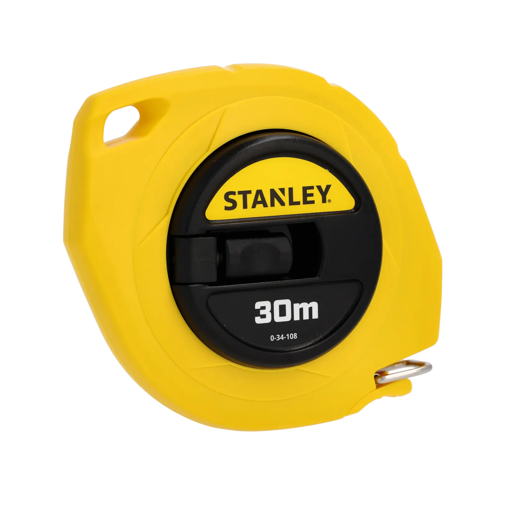 Photo of Stanley 0-34-108 yellow fiberglass measuring tape, 30m, shown angled on white background.