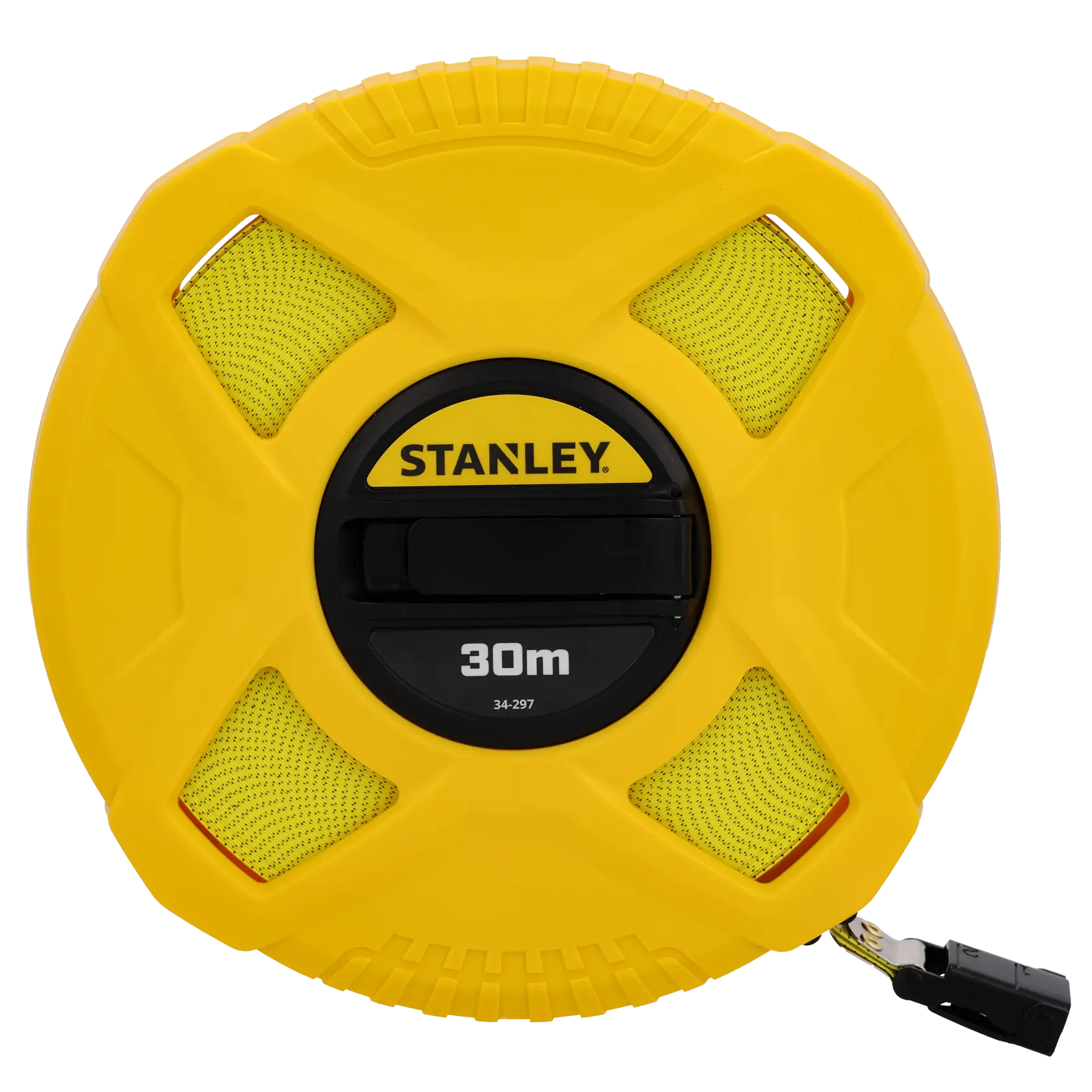 STANLEY 0-34-297 yellow 30m closed reel tape measure, front angle on white background.
