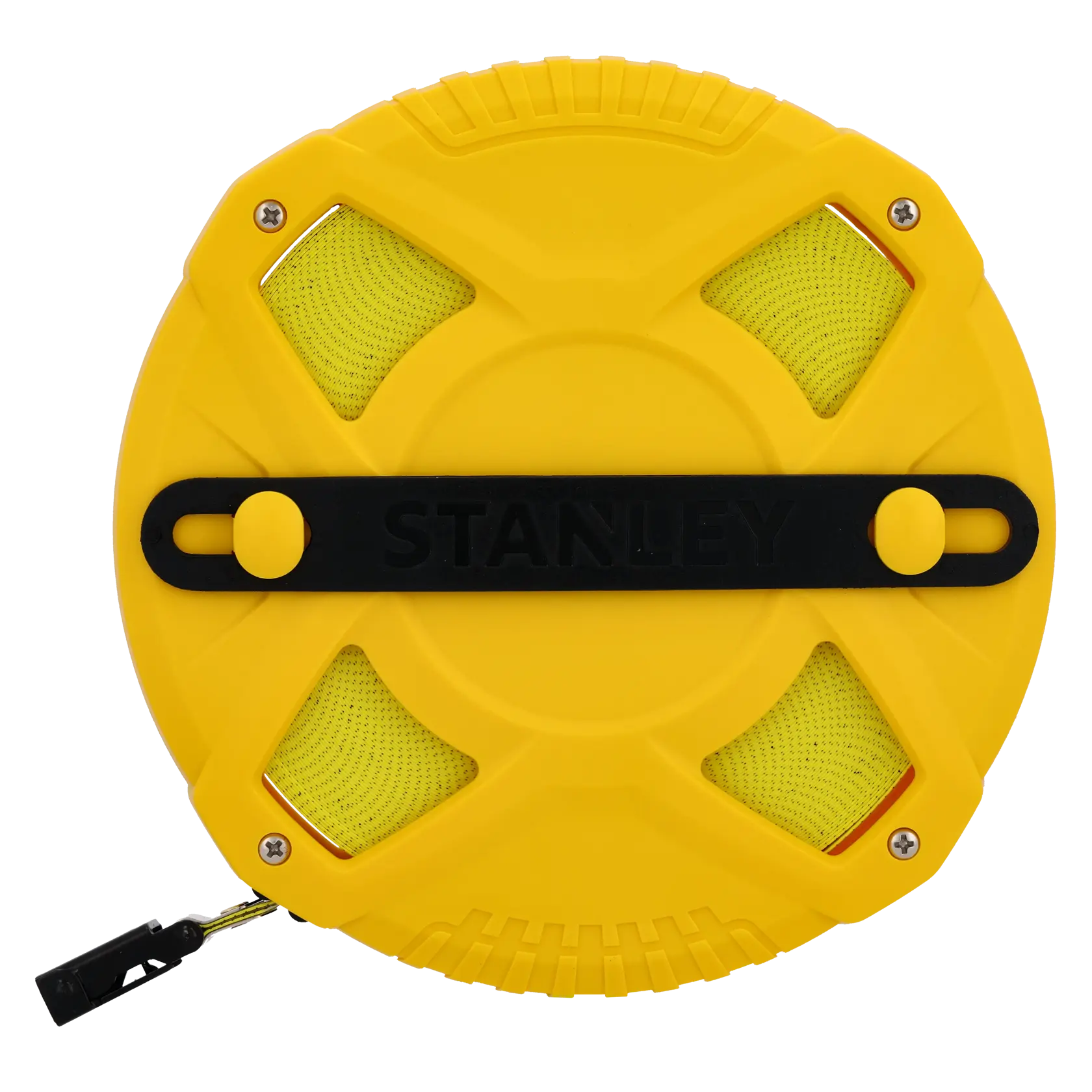 STANLEY 0-34-297 yellow fiberglass tape measure, round case, front angle, black brand label.