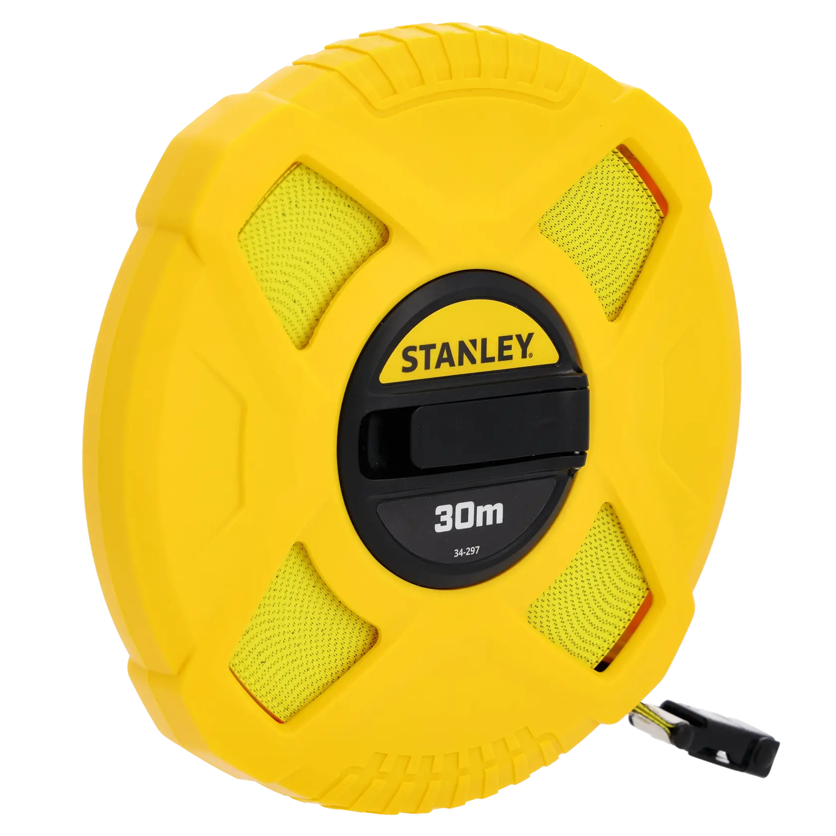 STANLEY 0-34-297 yellow closed reel 30m fibreglass tape measure, angled view on white background.