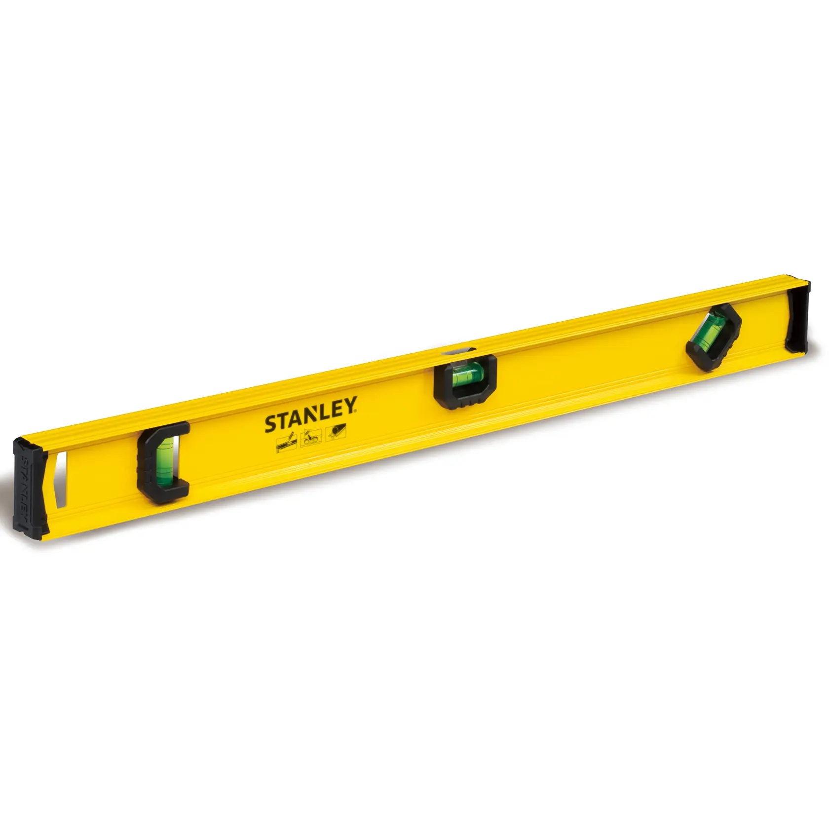 Photo of STANLEY 0-42-074 yellow spirit level with three bubble vials, angled on white background.