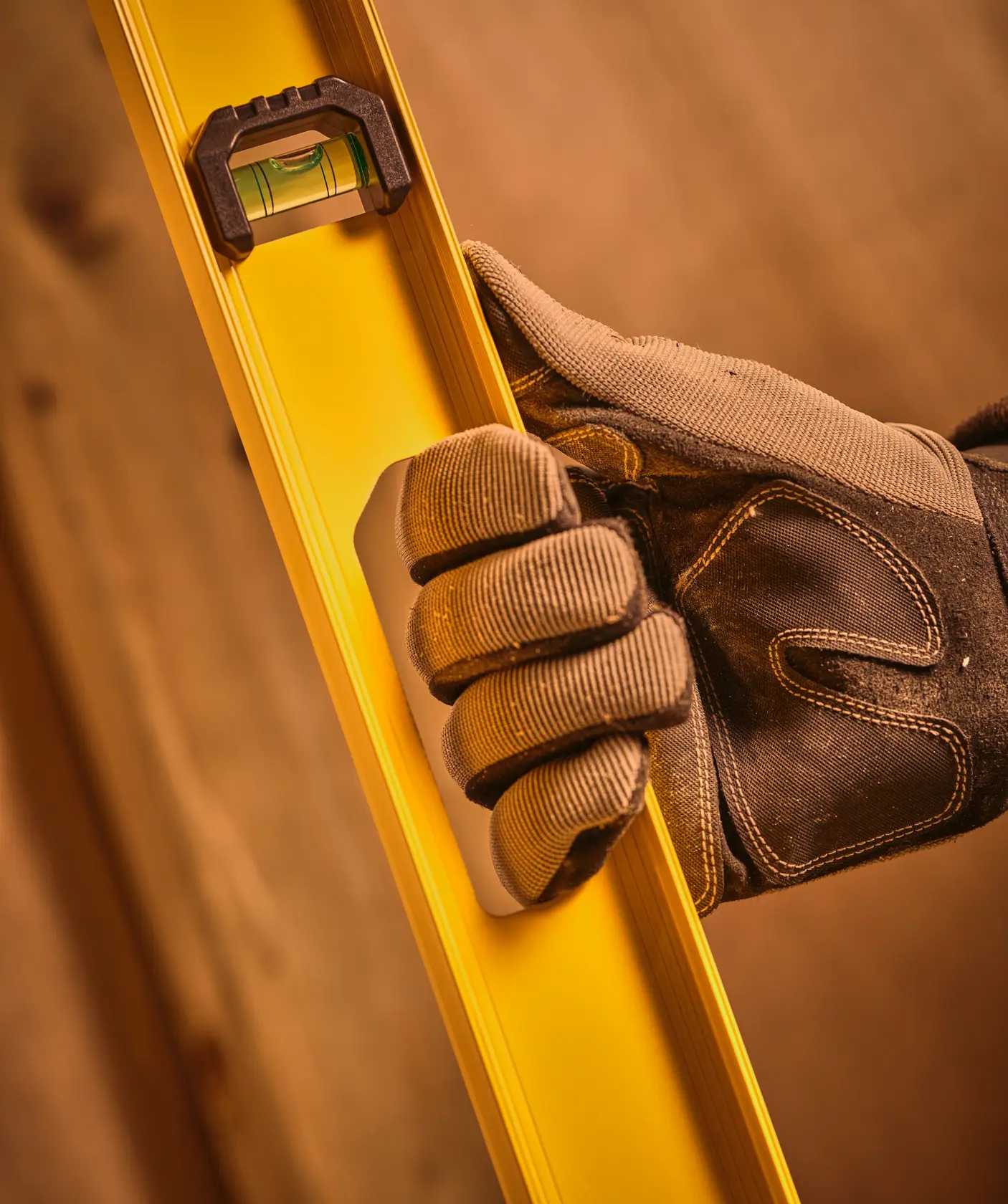 STANLEY 0-42-074 photography close-up of gloved hand holding yellow spirit level.