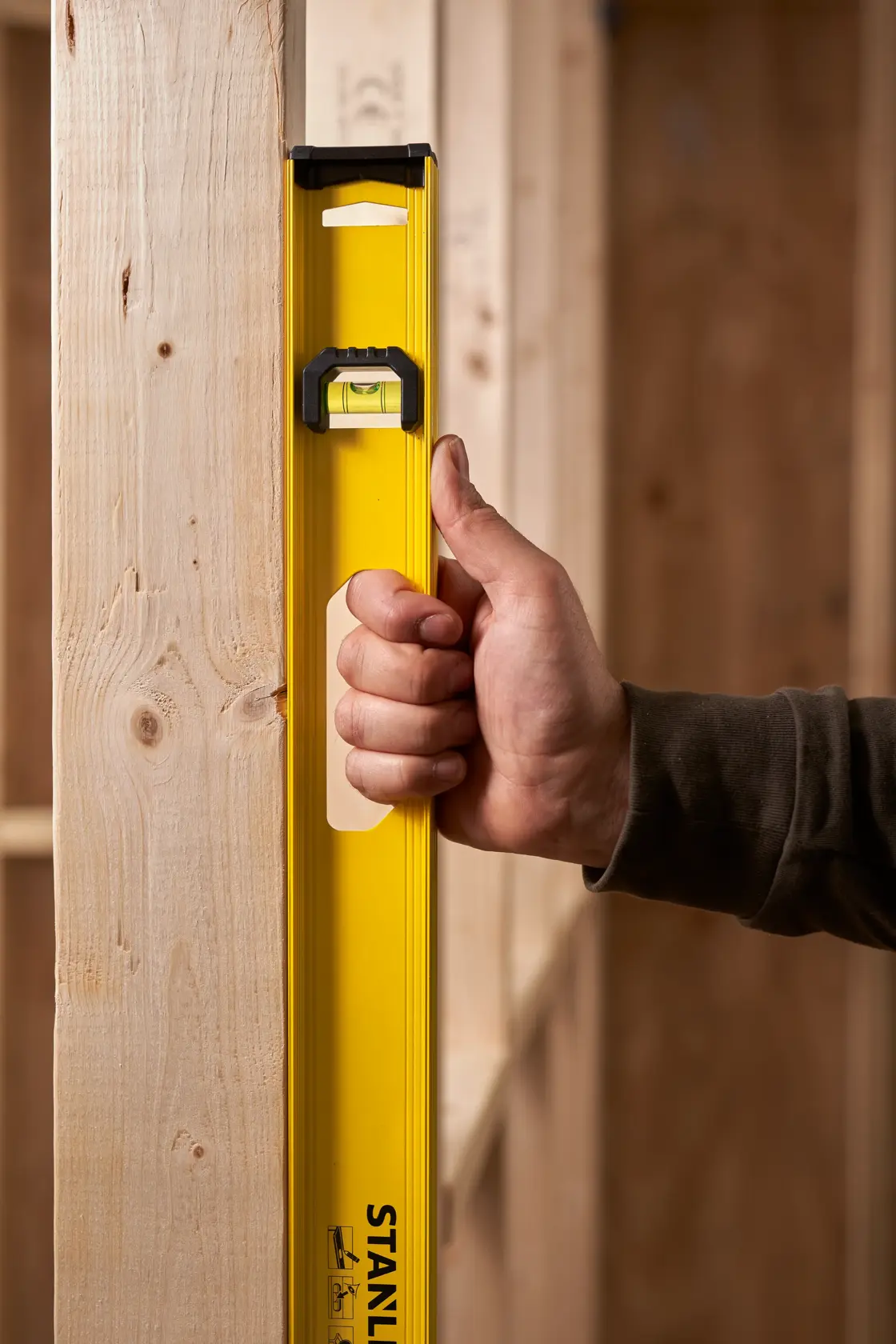 STANLEY 0-42-076 yellow spirit level held vertically against wooden beam, close-up photography.