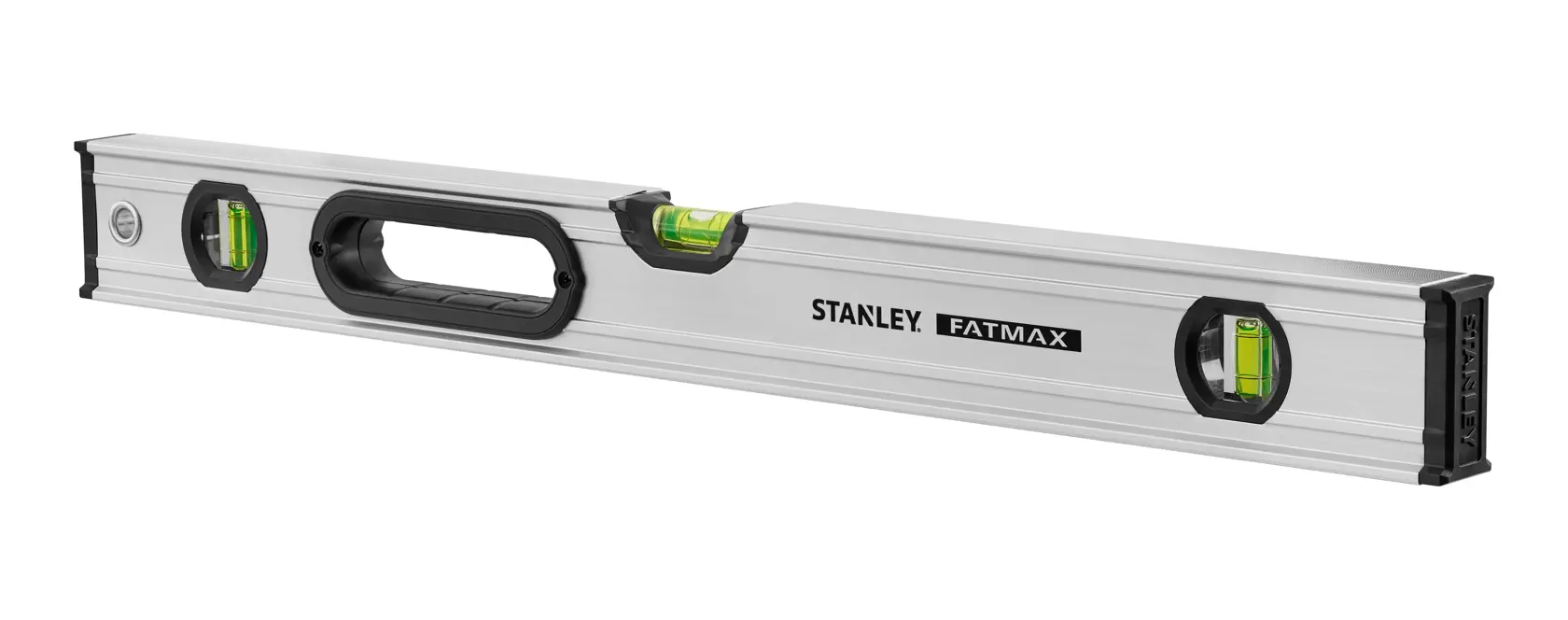 Stanley FatMax spirit level with three bubble vials and a handle, silver body, black accents.